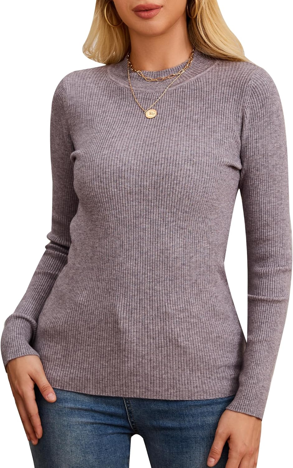 Womens Long Sleeve Mock Neck Sweater Ribbed Knit Top Mock Turtleneck Pullover Casual Fitting Jumper Sweater Top