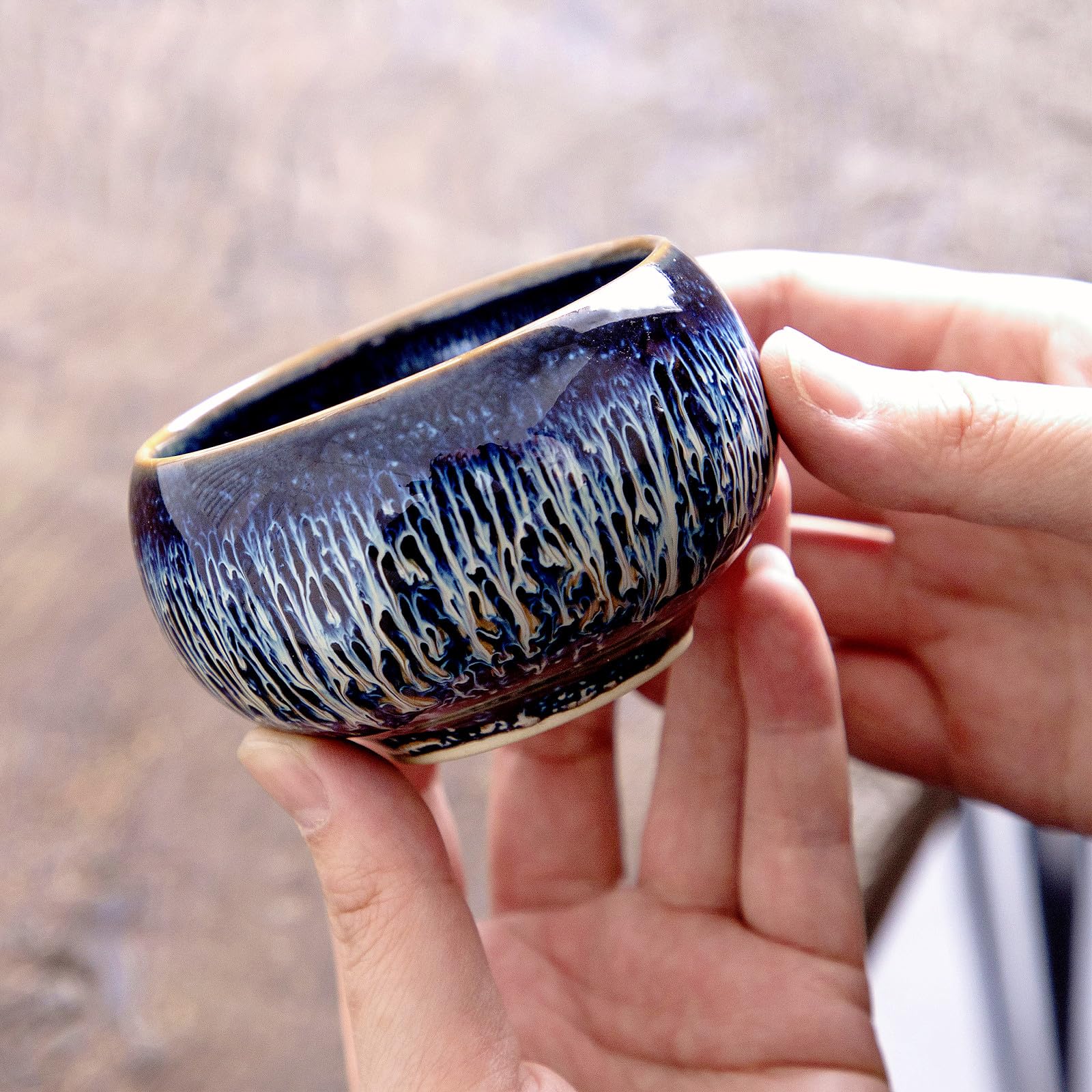 CmengAo Tenmokus Tea Cups, Jianzhan Ceramic Teacup, Traditional Chinese Tea Cups Set of 2, Starry Sky Glaze Porcelain Tea Bowls for Tea and Coffee (4.4 OZ)