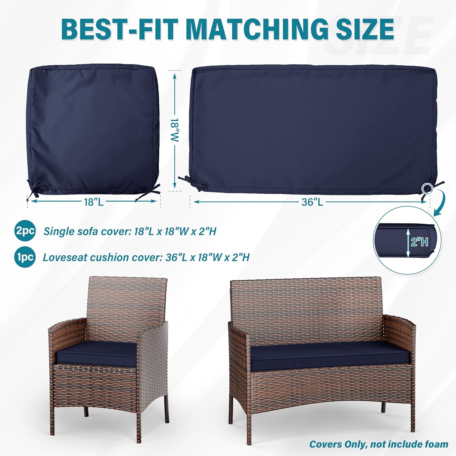 3 Pack of Outdoor Seat Cushion Replacement Set Suitable for 4 Pieces of Wicker Rattan Furniture Terrace Guest Set Sofa Chair (36x18x2, 18x18x2), Only Cover