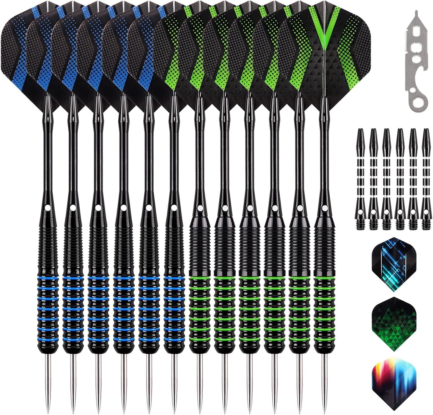 Grebarley Dartpfeile mit Metallspitze,12 Stück Profi Steeldarts 18 Aluminium Schaft mit 9 Flights 20 Orings