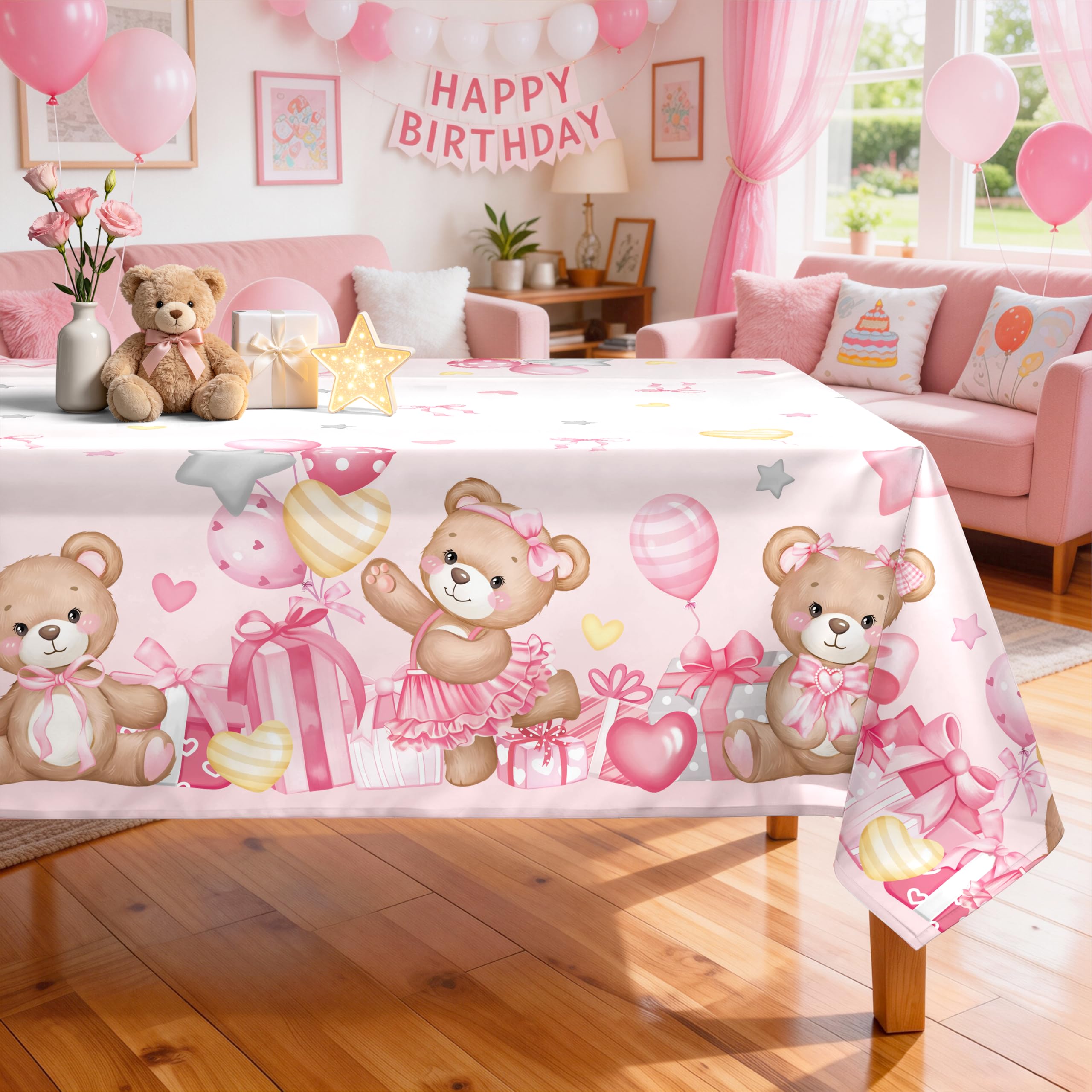 Arquiel Bear Pink Balloon Polyester Table Cloth Washable Baby Shower Tablecloth Rectangle, 152 x 264 cm, Decorative Table Cover Girls Birthday Parties, Wedding, Party Supplies