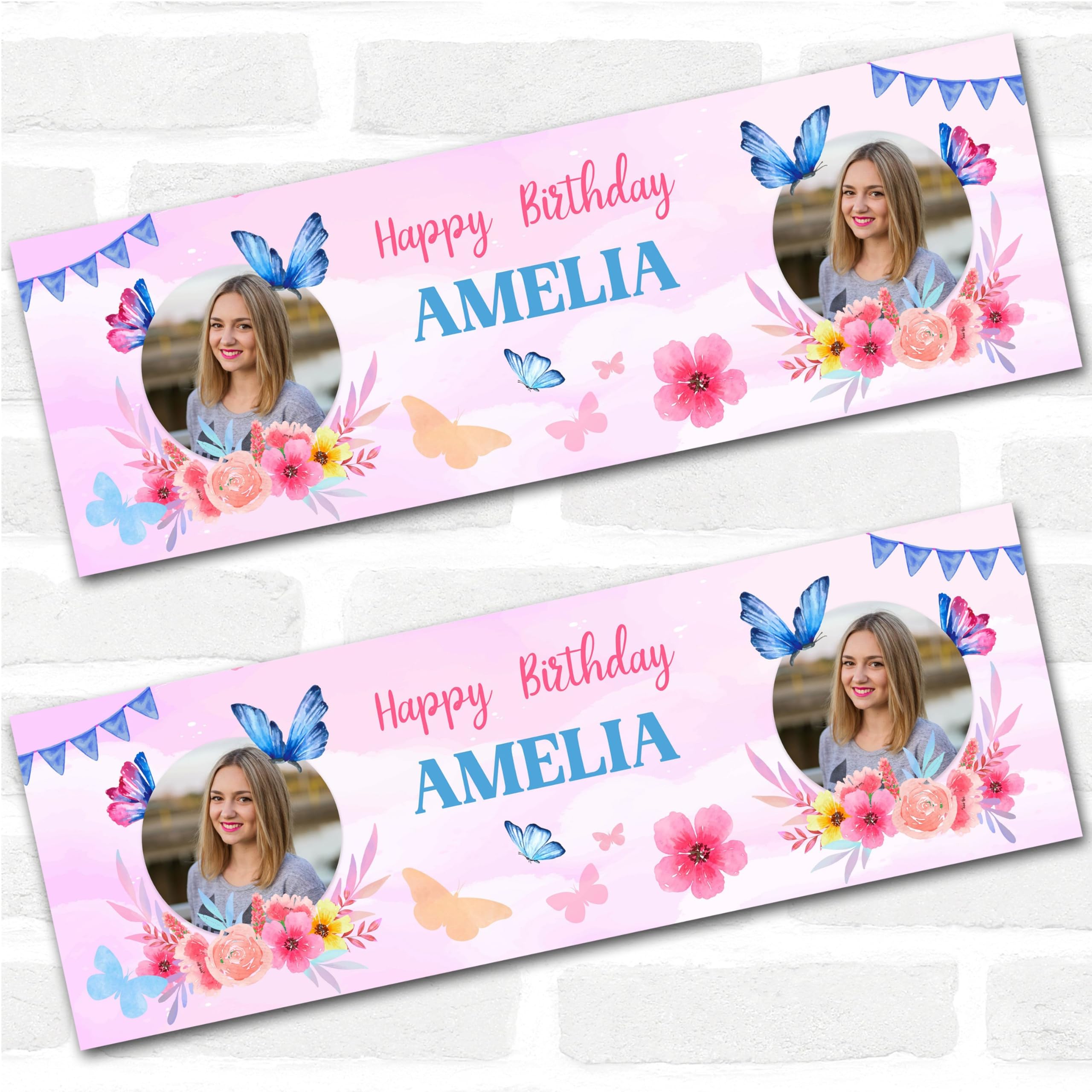 Personalised Party Banner For Birthday Photo Female Butterfly Purple Flowers | Custom Large Party Decoration, Event Banner, Backdrop, Décor, Signage. 3 ft x 1 ft | 4.5 ft x 1.5 ft | 6 ft x 2 ft