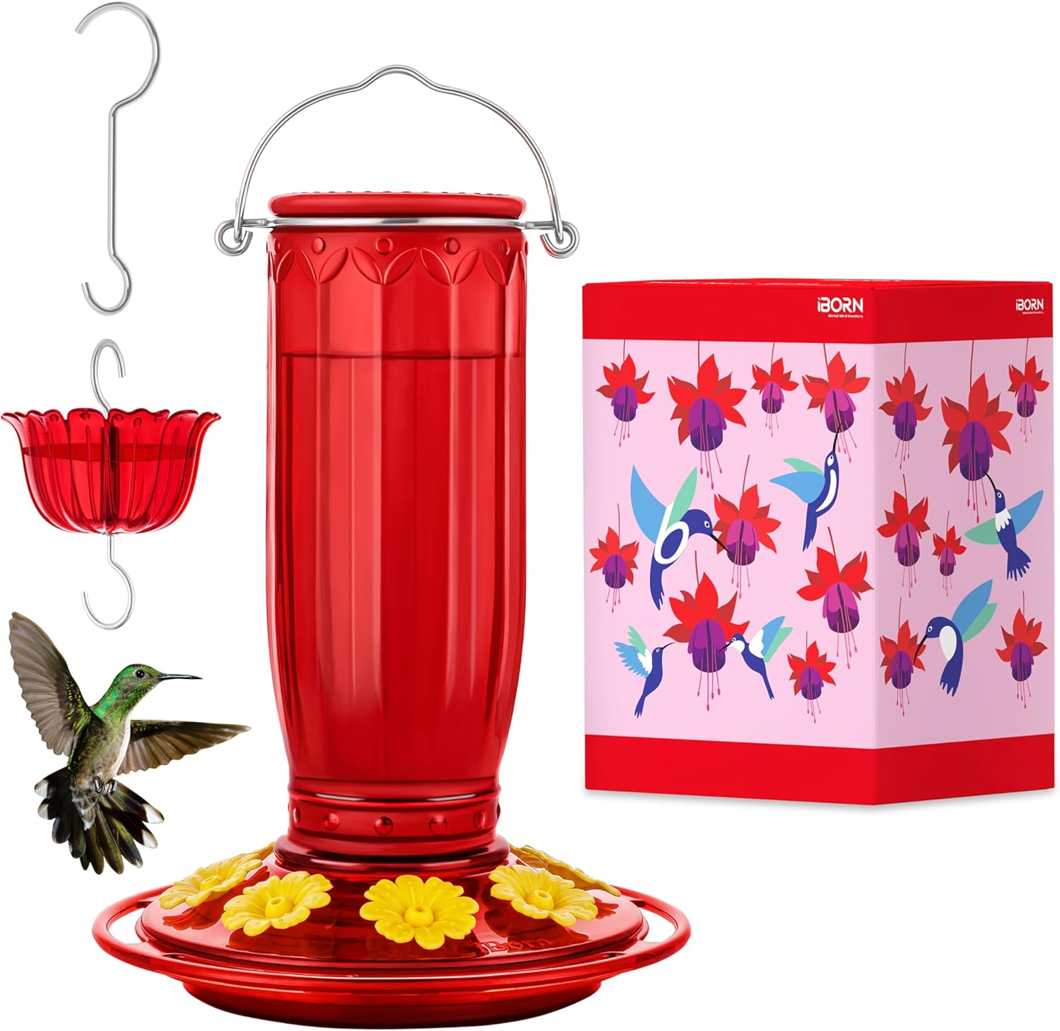 iBorn Hummingbird Feeders Sun Baffle,10.6inch, Red+ Hummingbird Feeders, 8 Ports,Yellow Flowers Red Glass, Pack of 1