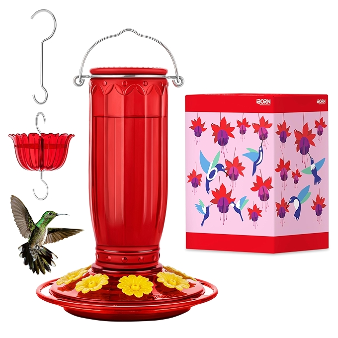 nectar喂鸟器抗蚂蚁防蜂挂式鸟 feeder 8孔黄花红色玻璃