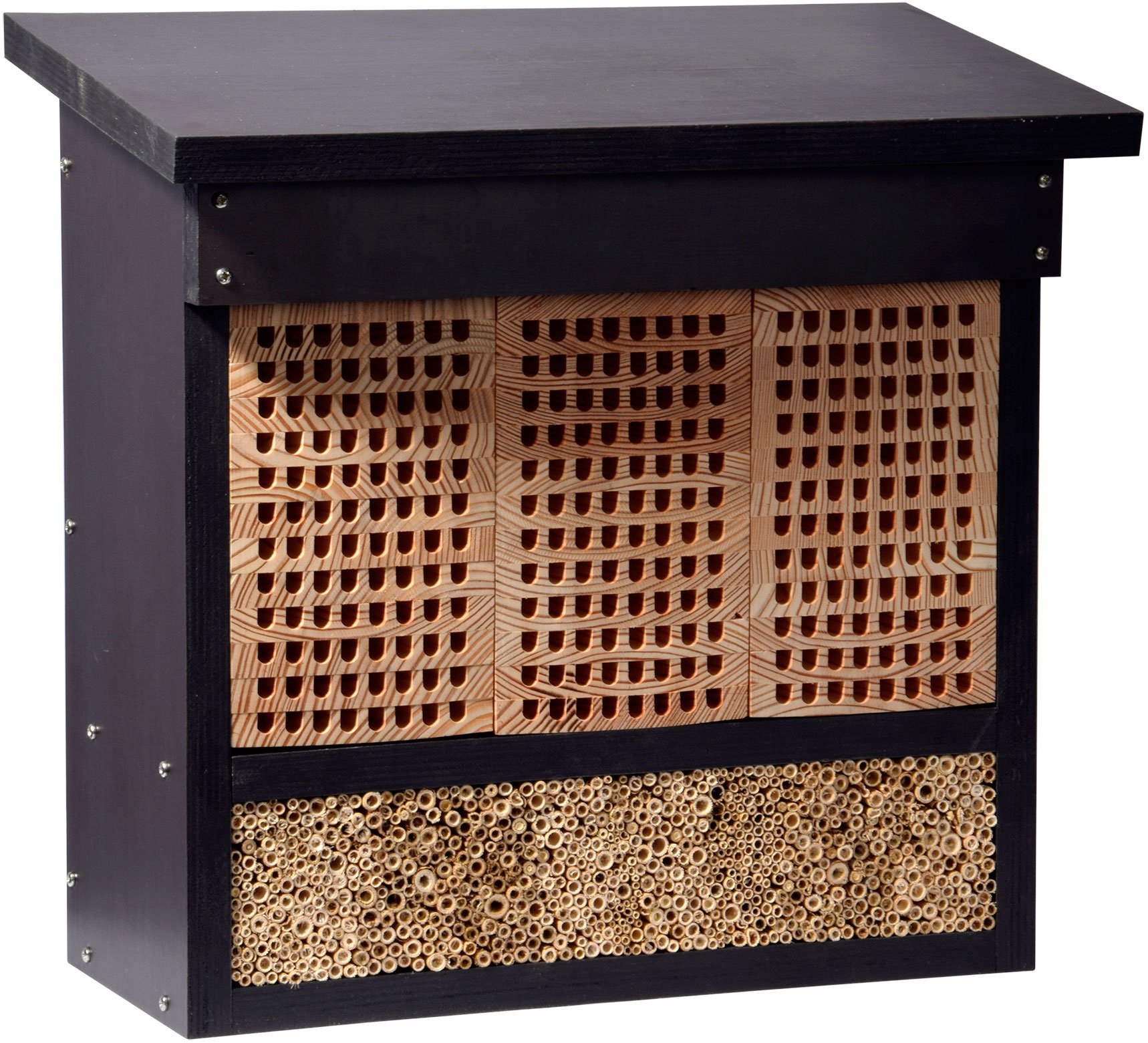 LUXUS-INSEKTENHOTELS 22700e Großes Profi-Wildbienenhotel - Wildbienen-Nisthilfe Holz - Insektenhotel mit Ständer - Wildbienenhaus mit Lärchenholz und Schilf - 42,5 x 18 x 150 cm - Dunkelbraun