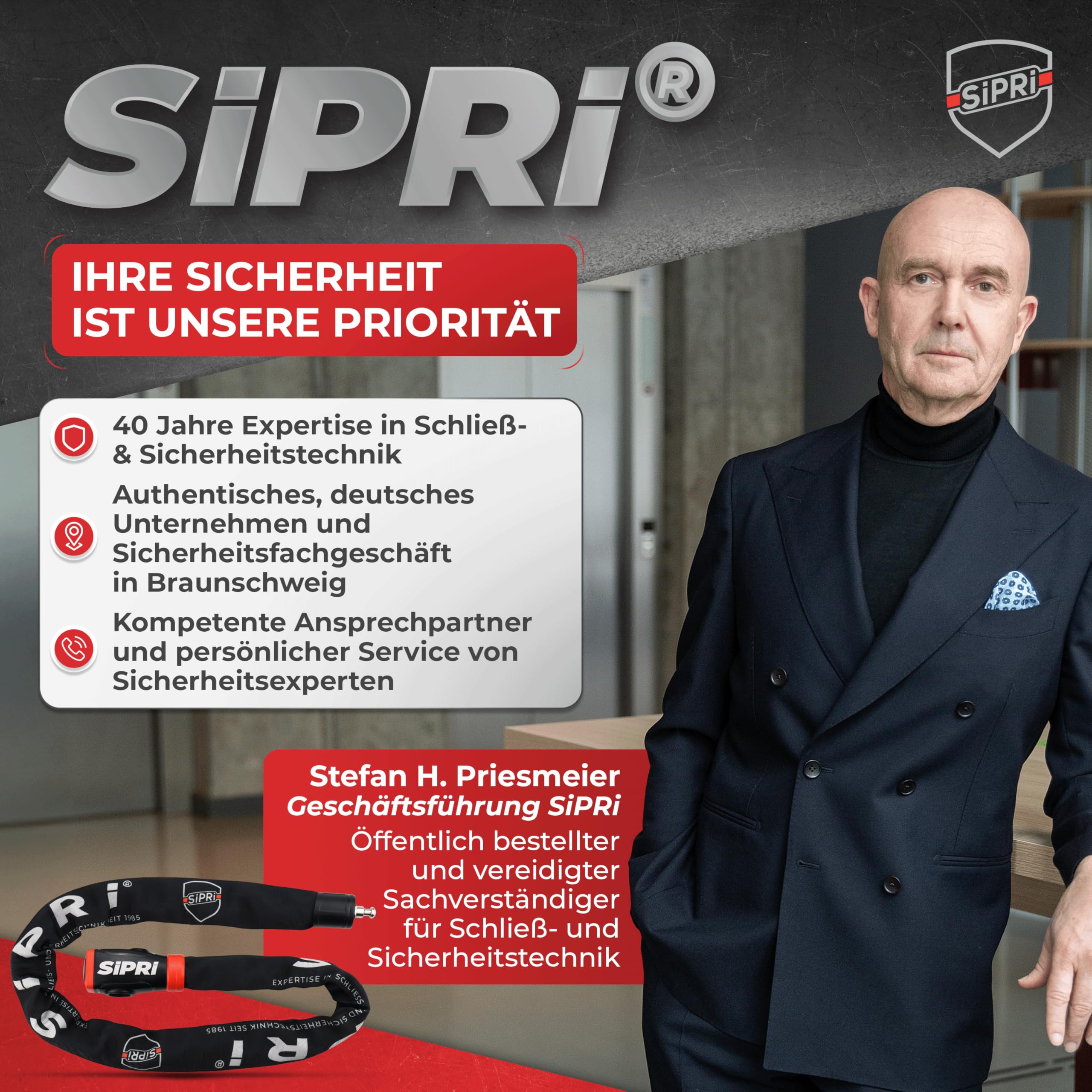 SIPRI® Fahrradschloss mit Alarm 120 dB | Kettenschloss Fahrradschloss hohe Sicherheit für E-Bike, E-Scooter & Motorrad | 8 mm Stahl, wetterfest, robust & langlebiges Schloss mit Schlüssel