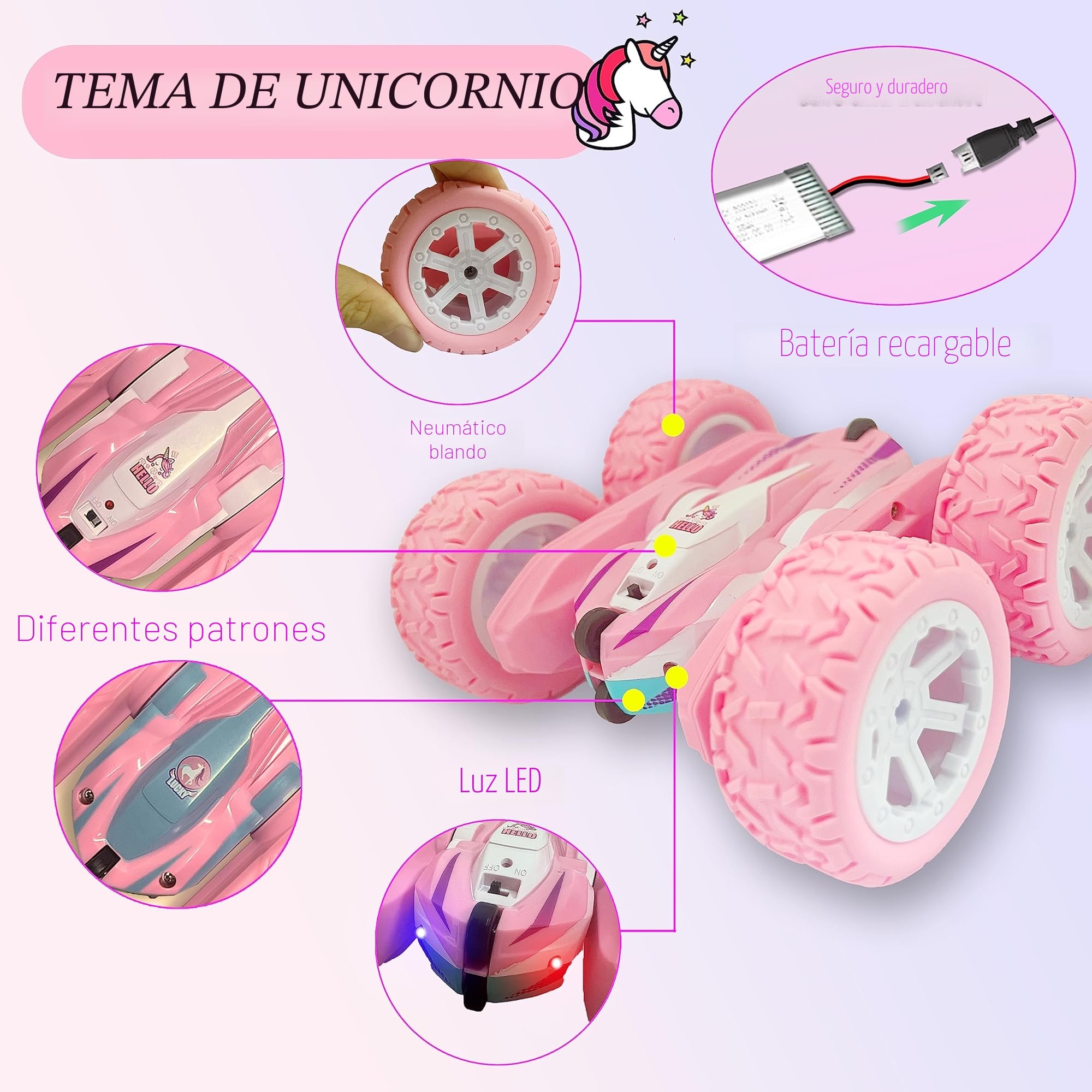 Coche Teledirigido,4WD Unicornio Coche RC para Niños 3 4 5 6 7 8 9 10 años,Rosa Coche Radiocontrol 2.4GHz con 2 Bateria,Rotación 360° y Luz, Regalo para Niñas y Niños