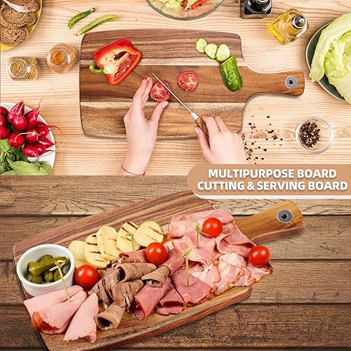 Miniatura 3 de AMPSEVEN Tabla de cortar de madera de acacia con asa tabla de cortar de madera tablas de embutidos para carne pan de frutas queso tablas decorativas