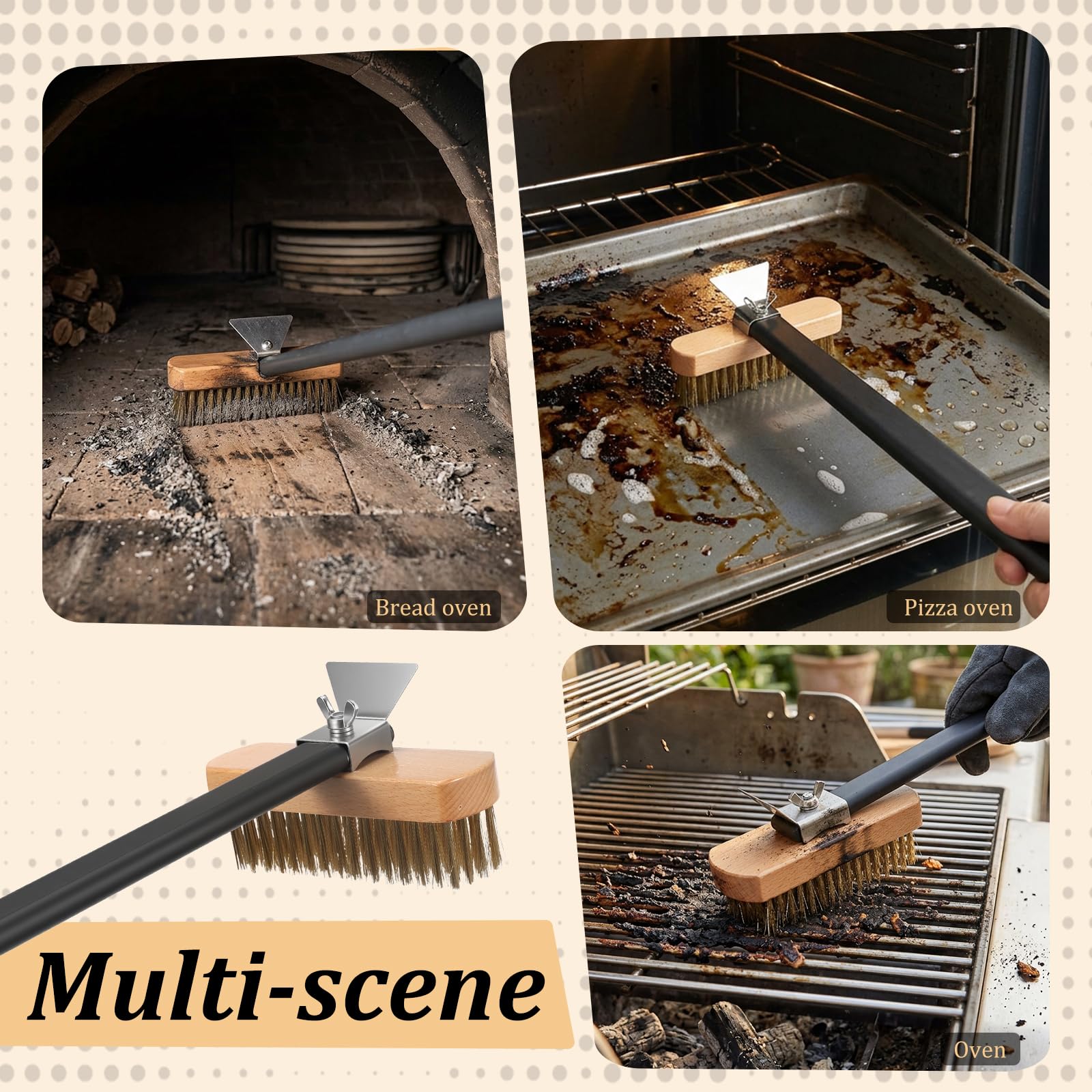 Spazzola per forno per pizza, con raschietto, spazzola per barbecue con setole in rame e manico in alluminio, resistente al calore, per griglia e forno, spazzola per la pulizia del giardino (nero-1