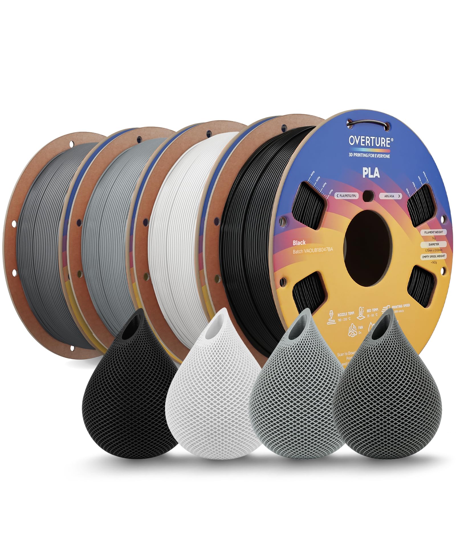 OVERTURE PLA Filament 1,75 mm Grautöne, 4kg | Super Speedy | Gleichmäßige Extrusion • Stärkere Zähigkeit • Maßhaltig ±0,02 mm • Sauber Gewickelte • Für gängige FDM-3D-Drucker