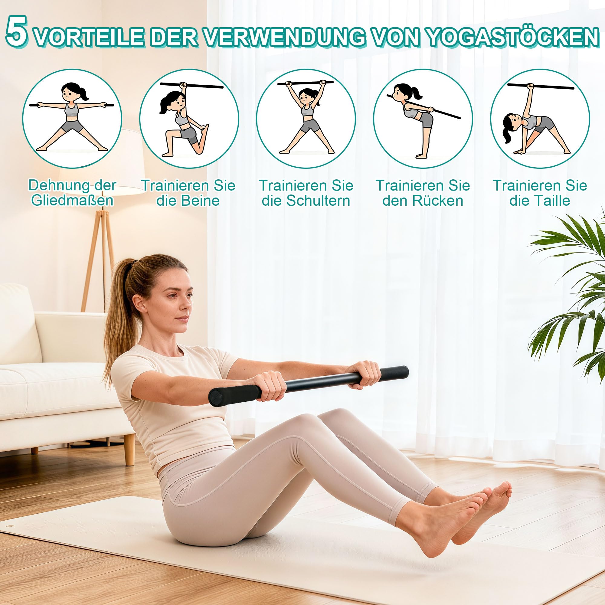 ohbien Tragbarer Yoga-Stick, Rückenstrecker verstellbar für 76-152cm, Mobilitätsstick mit 4 Stahlstangen Und 2 Schaumstoffgriffen für Yoga Fitness Physiotherapie Haltungskorrektur