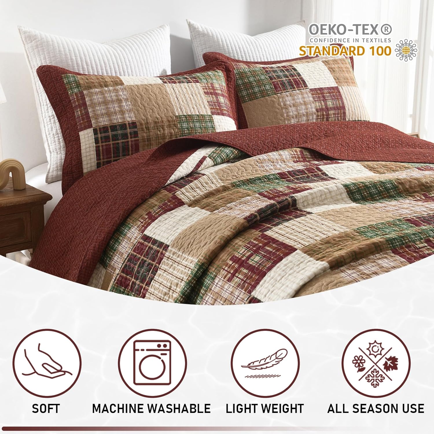 KALOOLA Plaid Queen Size Quilt Set - 100% Cotton Lightweight Farmhouse Quilted Bedspread with 2 Pillowshams, Reversible Rustic Tartan Pattern Bedding Coverlet for All Season, Red/Green/Beige, 3Pcs