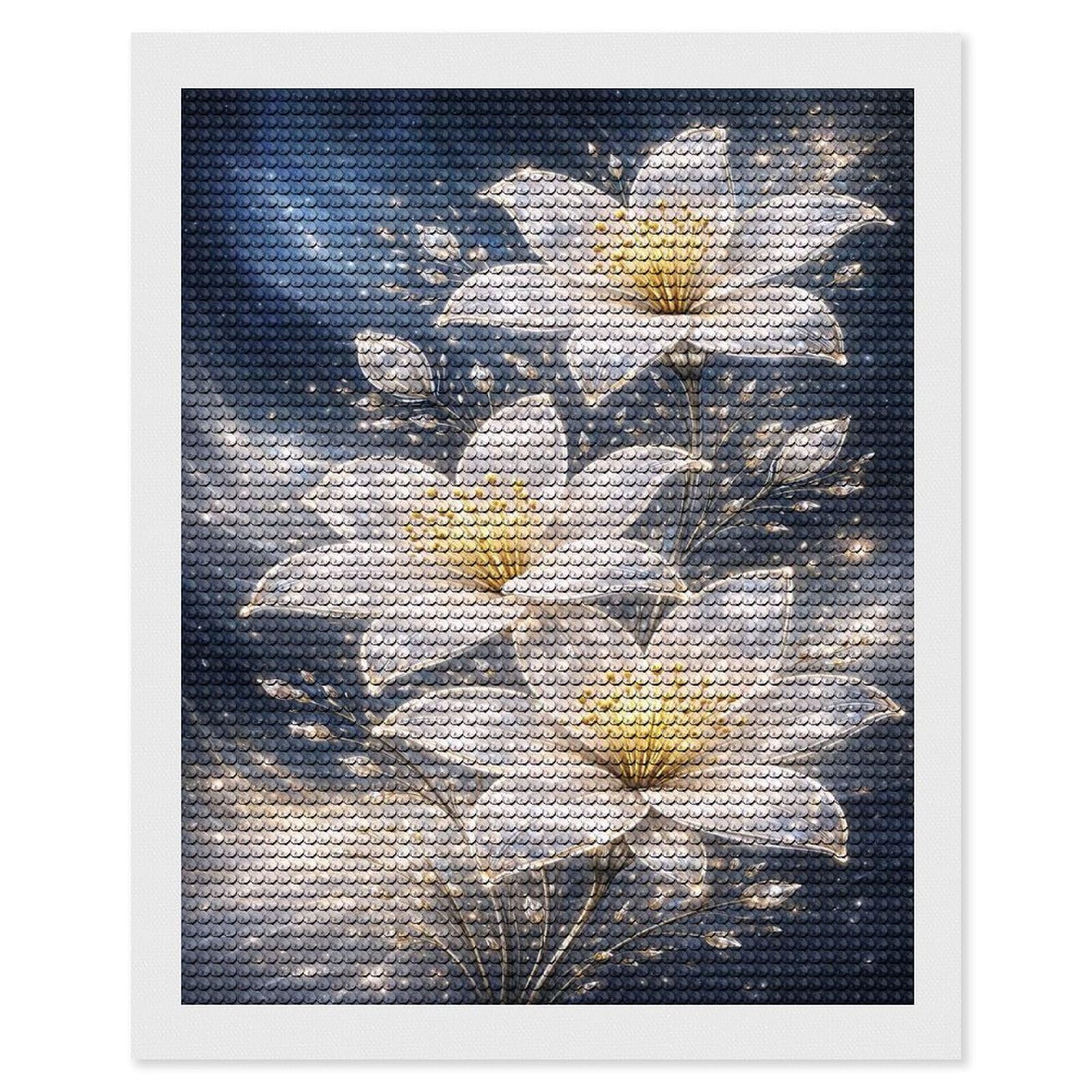 Junmoney Sparkling White Lilies in Cosmic DIY Diamond Art Canvas Kit 16"x20", Farmhouse Decor, Vintage Style Decor, Handmade Wall Decor, Canvas Picture