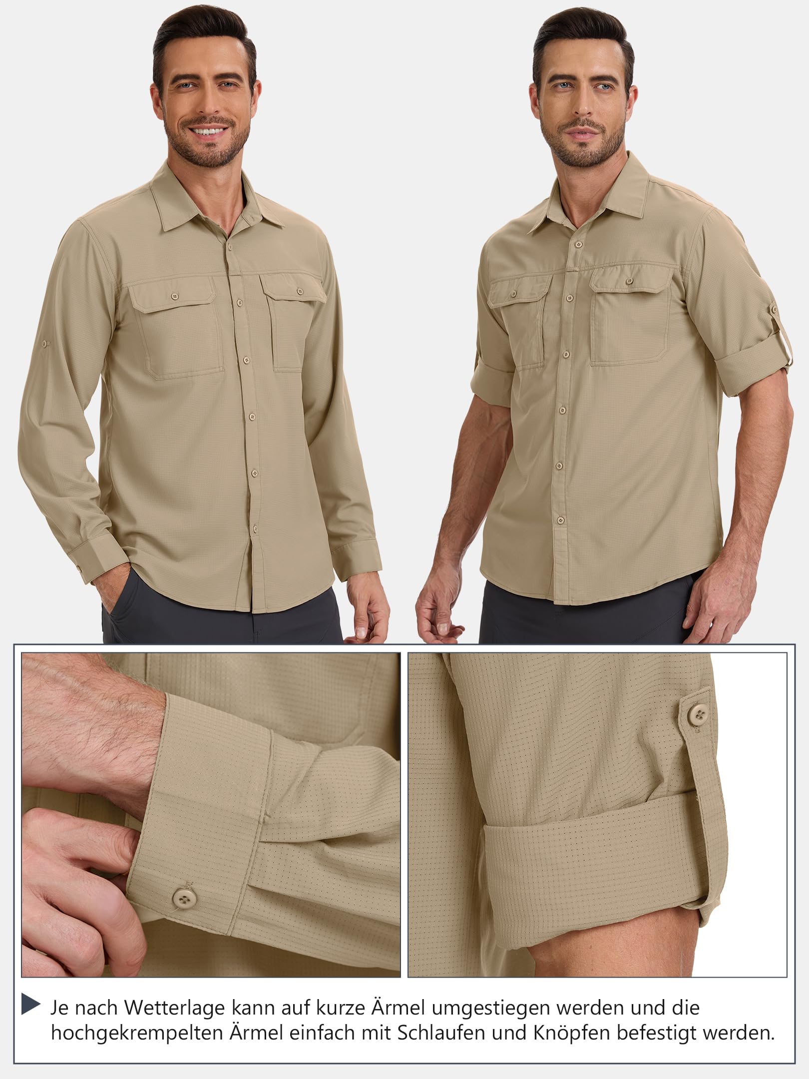 Safari koszula męska, UPF50+, ochrona przed promieniowaniem UV, koszula outdoorowa, męska, koszula funkcyjna, oddychająca, szybkoschnąca, koszula rekreacyjna, zapinana na guziki
