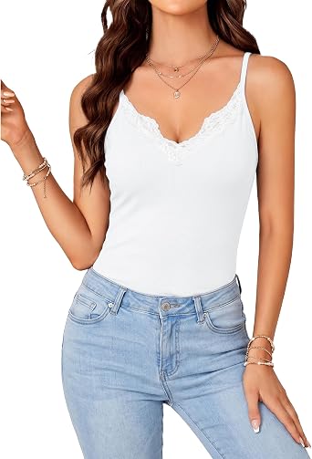 Womens Lace Tank Top Ribbed Spaghetti Straps V Neck Cami Top | Sleeveless Cute Summer Tank Sexy Slim Fitted Undershirt Basic Camisole Tops Layering Shirt 2026 Fall Trendy Clothes Outfits
