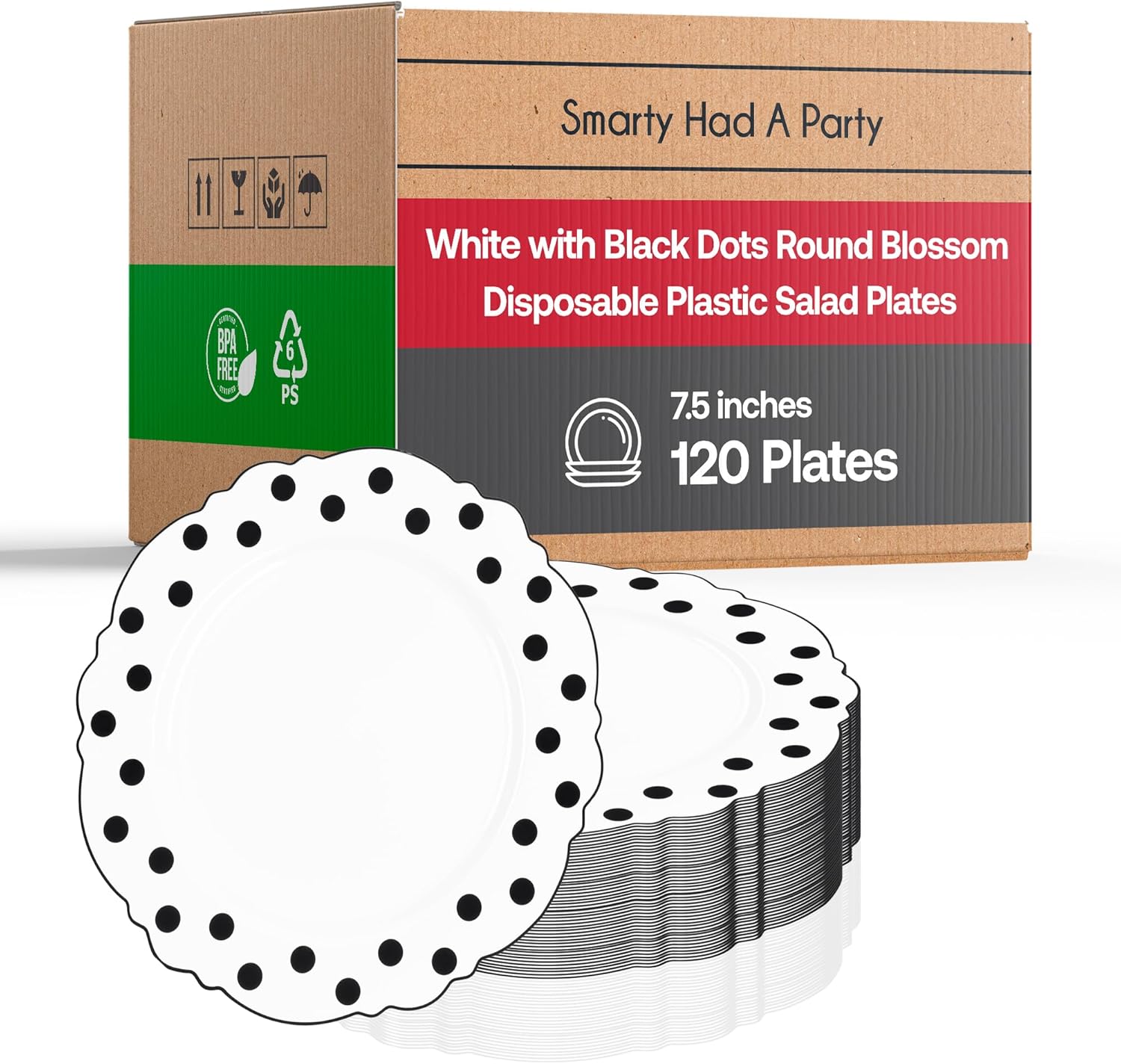 Smarty Had A Party Elegant Disposable 120 Plastic Heavy Duty Dinnerware Sets, Fancy Design Plastic Plates, For Wedding, Birthday & All Occasions White and Black, 7.5" Salad Plates