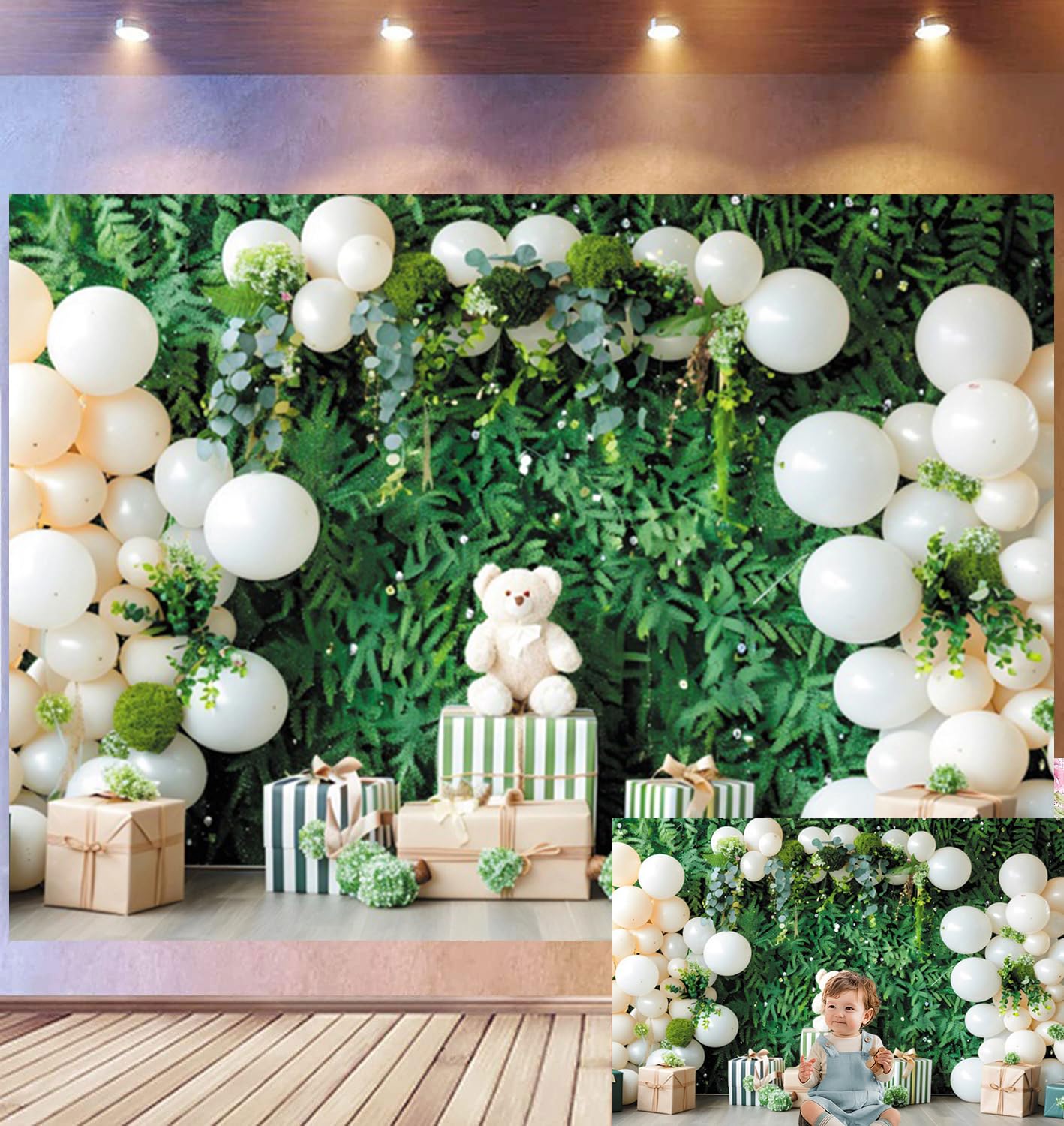 3 x 2,5 m zielone i neutralne tło urodzinowe, Lush Fern Wall Photography Background Cream Balloons Teddy Bear & Striped Gifts Rustic-Chic Party Theme Photo Studio Props
