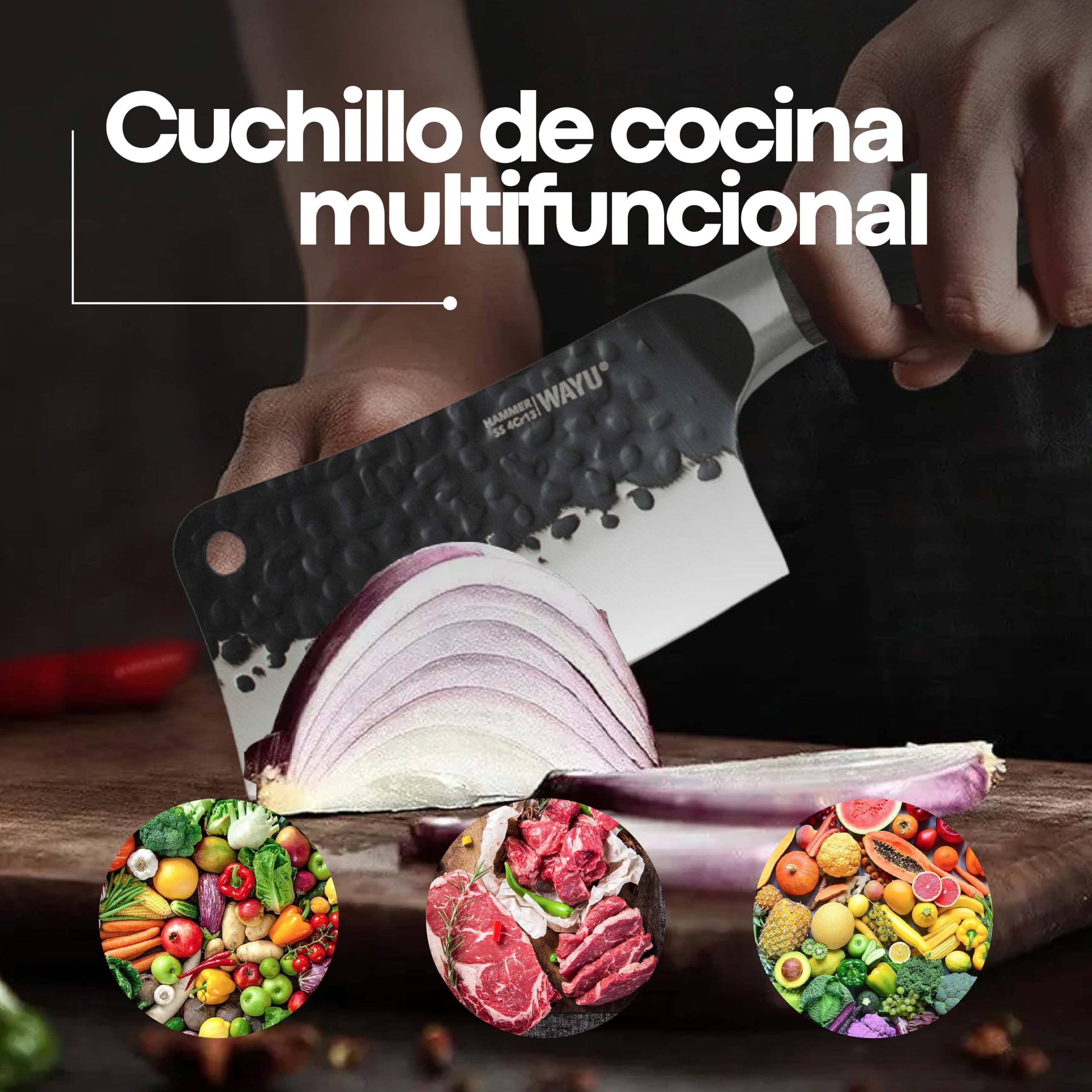 WAYU - Cuchillo Cleveland- Cuchillo Multiuso Compacto, de 20 cm. Permite cortes precisos y seguros. Cuchillo de tamaño Pequeño en forma de hacha para cortes de carne, frutas y verduras. Knife.