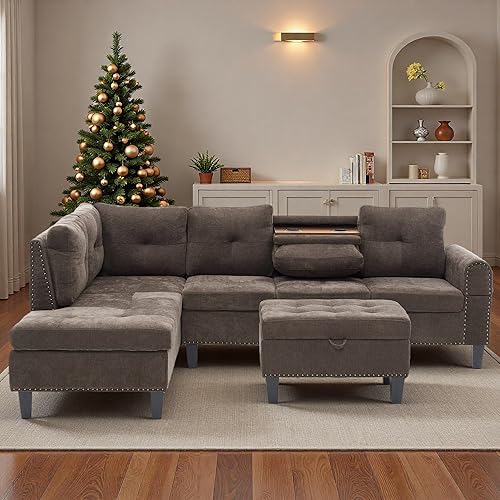 97.5" L Shaped Couch Set, Modular Sectional Couches for Living Room with Storage Ottoman, 4 Seat Home Sofa Living Room Furniture Sets with Chaise for Apartment Office (Linen, Coffee Brown)