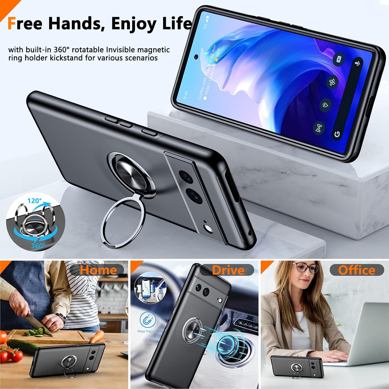 okzilla for Google Pixel 7 Case, with [360 Rotation Ring Bracket Stand] [No Fall-Off Kickstand] [Military Grade Drop Protection] Slim Thin Shockproof Phone Case Cover 6.3 inch - Black