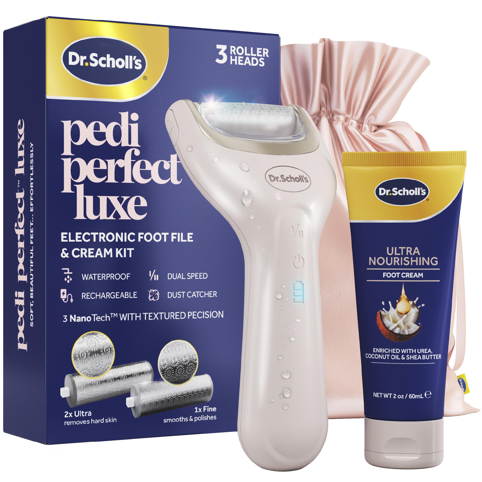 Dr. Scholl's Pedi Perfect Luxe-Elektryczny pilnik do stóp i ultra odżywczy zestaw do pedicure, usuwa twardą skórę, zapewniając miękkie, gładkie stopy, wodoodporny, ładowalny z 90-minutowym czasem