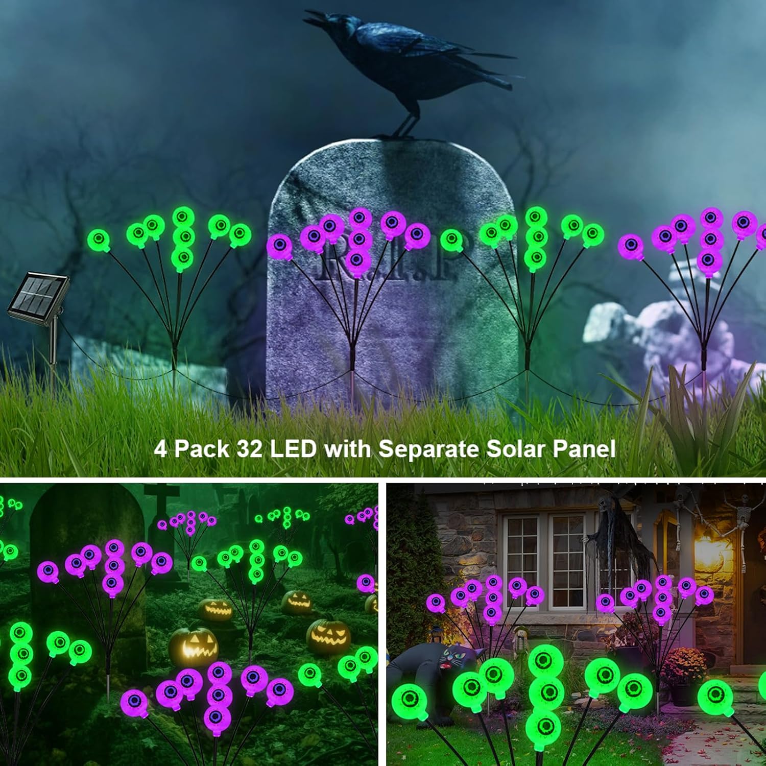 Halloween Decorations Outdoor Solar Eyeball Lights 4 Pack 32 LED 8 Modes Waterproof Scary Spooky Eyeballs Light Purple and Green Solar Garden Lights for Yard Party Halloween Decor (Green & Purple) - Image 2
