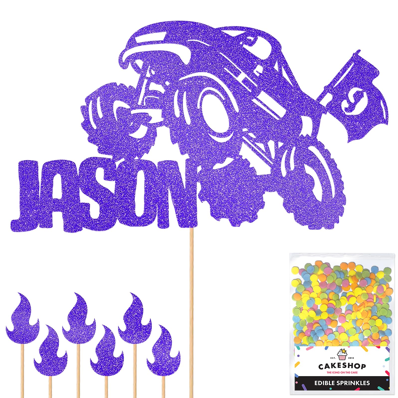 Personalised Off-Road Monster Truck 4x4 Glitter Topper- Blue Custom Name Hot Wheels Glitter Cake Decoration and Sprinkles - Happy Birthday Decorations - Personalised Toppers for Cakes by Cakeshop