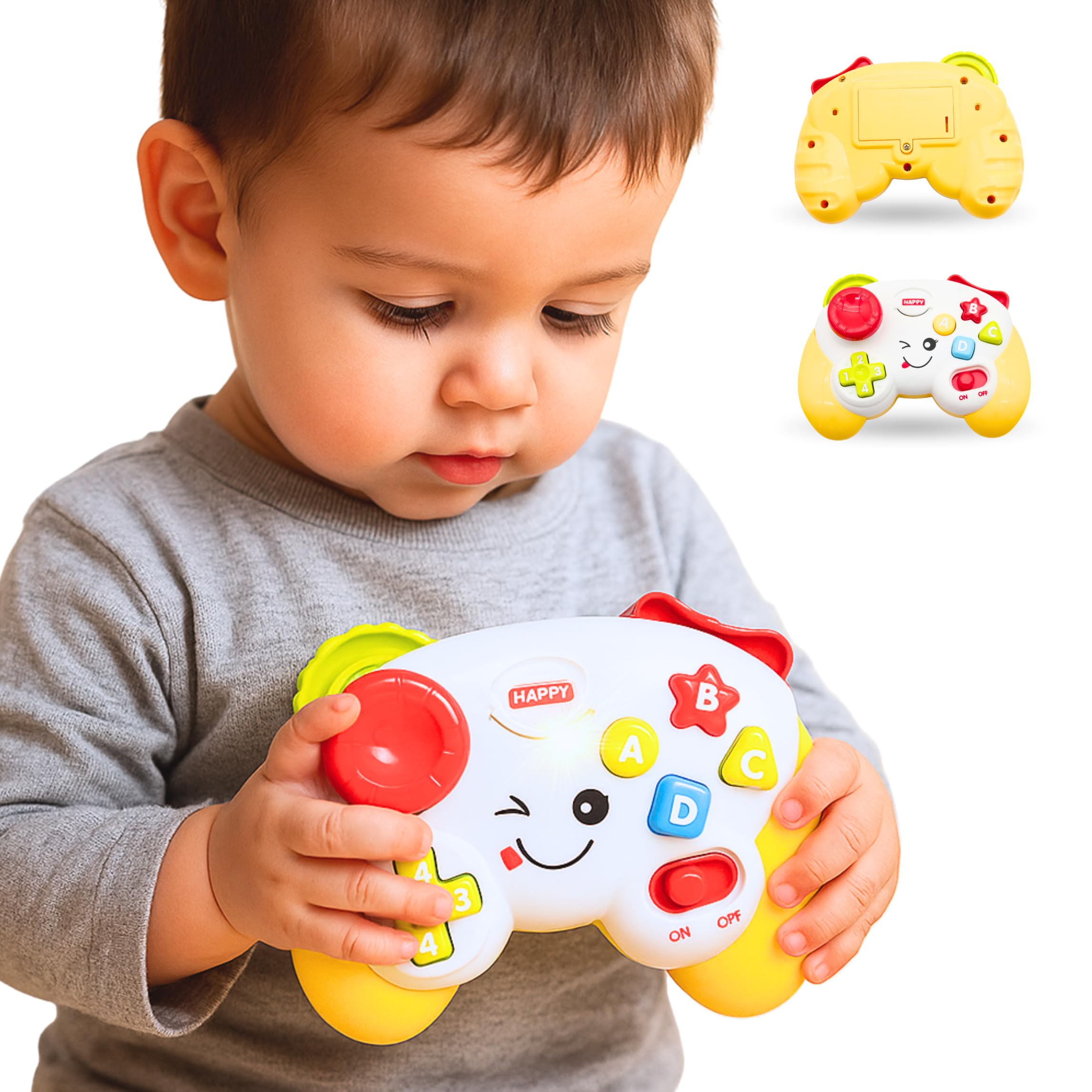 Juguete Musical para bebé - AMATOYS - Mi Primer Mando de Consola con Luces y música - Mando de Videojuego de Juguete para Primera Infancia - Juego Montessori Educativo (Amarillo)