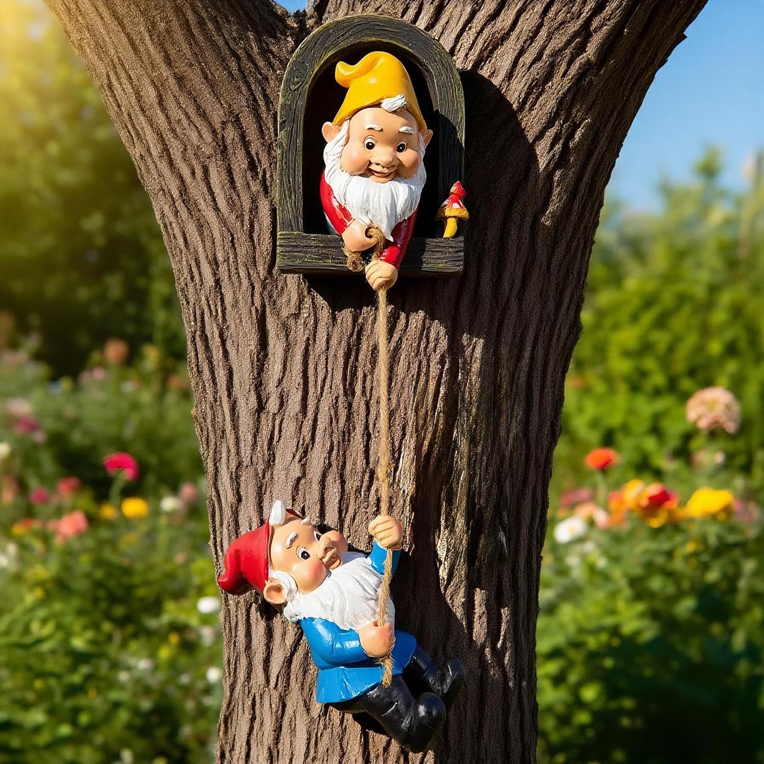 Teaeeno Gnome Garden Decoration Climbing Tree Decor Outdoor, Fairy Door Tree Face Figurine Lawn Patio Decor, Funny Climbing Elves Tree Peeker Sculpture Yard Art