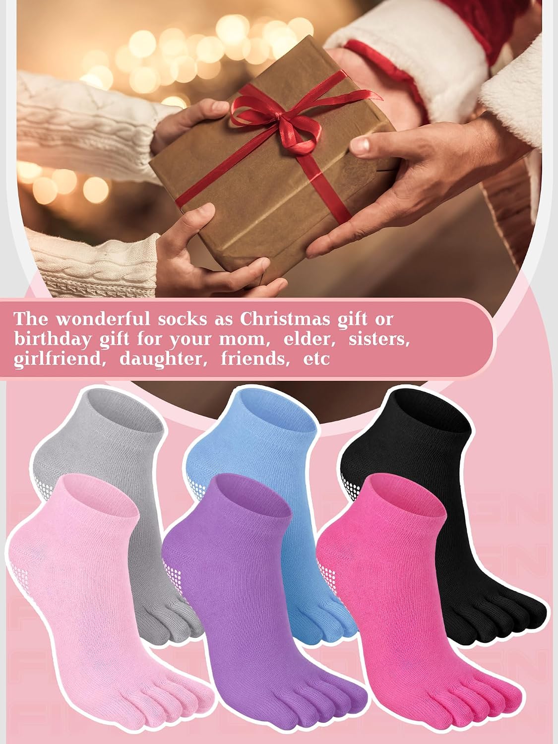 Fourluoo 6 Pairs Women Toe Socks Non Slip Yoga Socks with Grip Men Pilates Toe Socks for Dance Gym