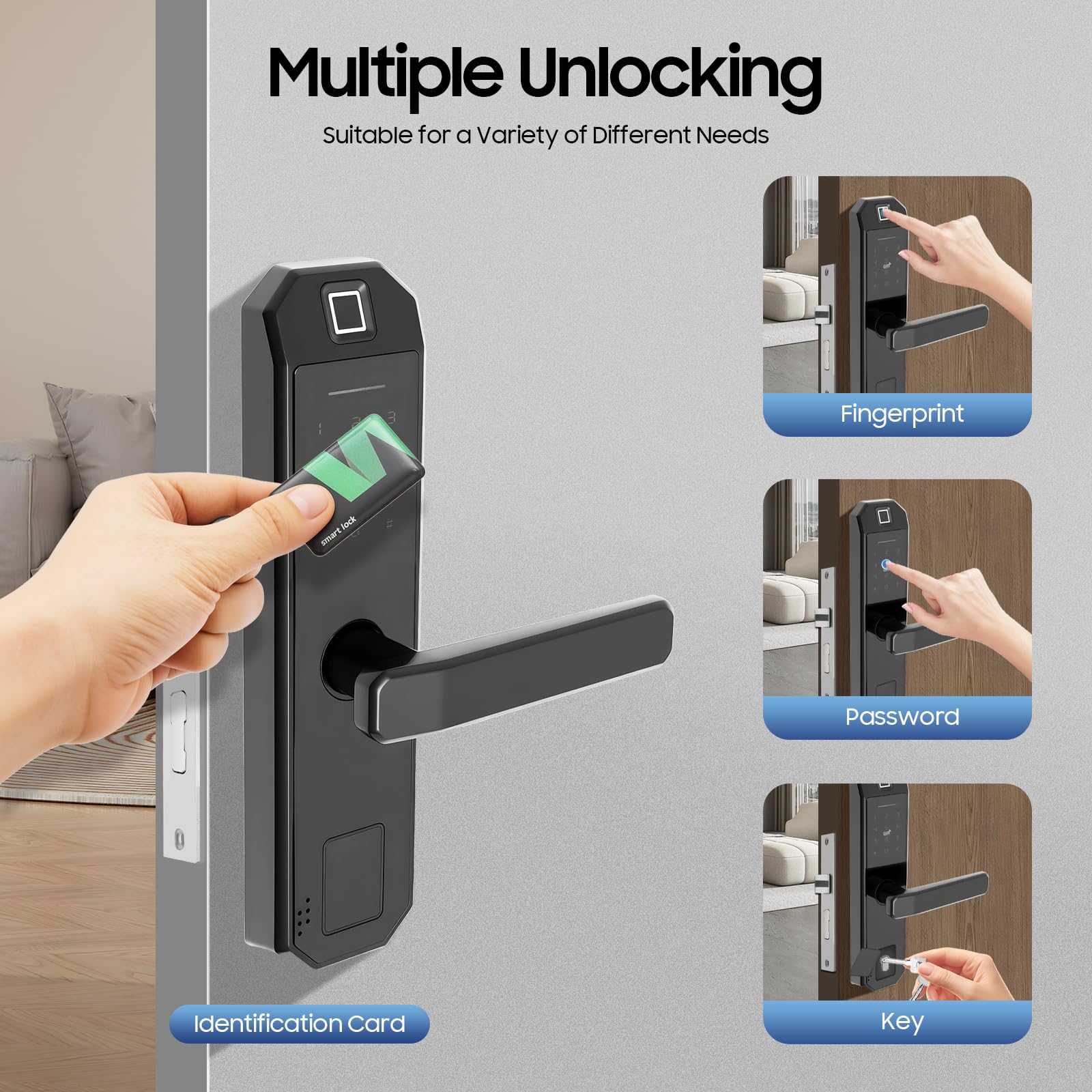 Serrure de porte biométrique à empreintes digitales, serrure de porte électronique, serrure connectée, serruree intelligente avec empreinte digitale et code clavier numérique, noir