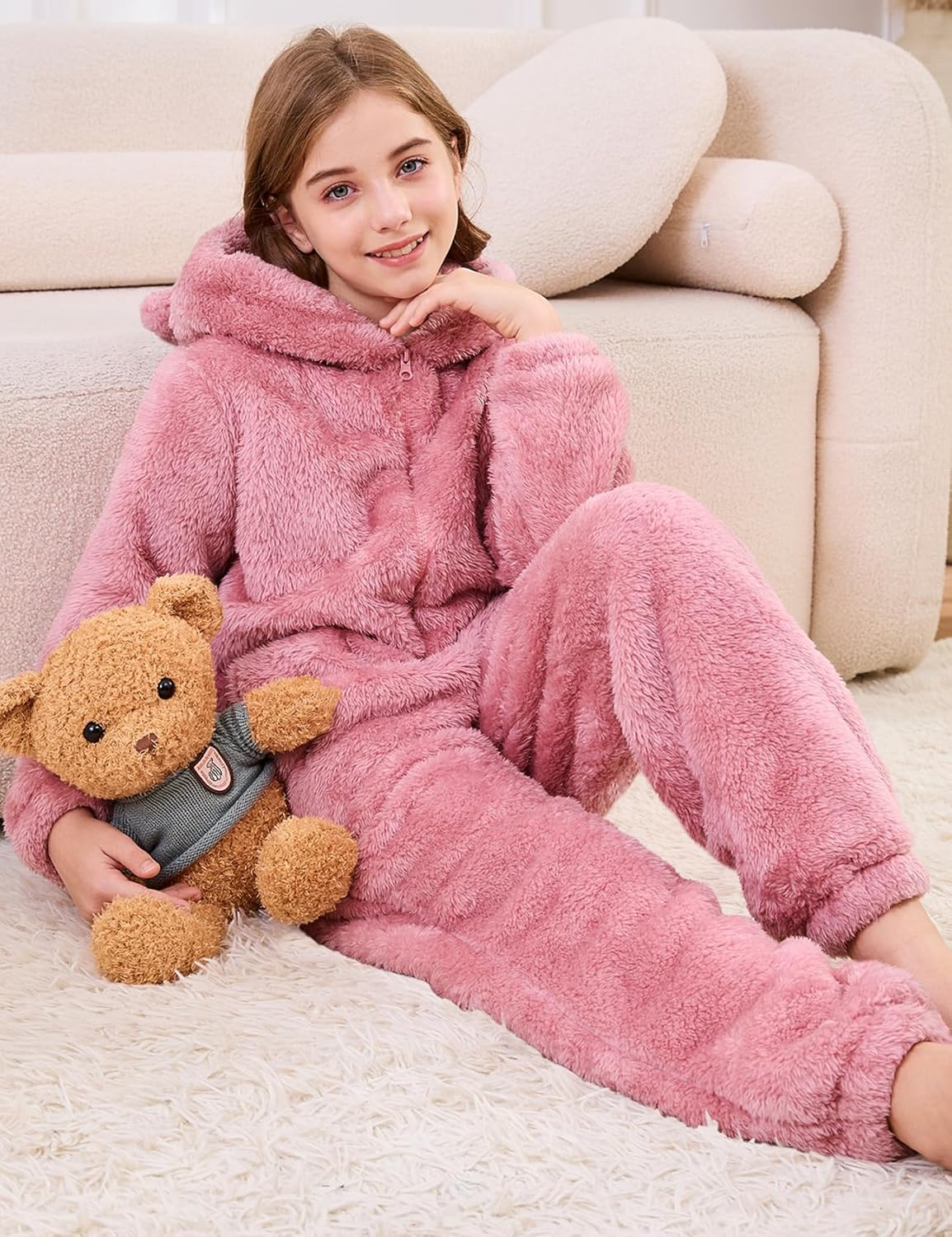 Kissonic Girls Fleece Zip Up Jmpsuits Hooded Onesie Rompers Kids Costume Winter Clothes - Image 4