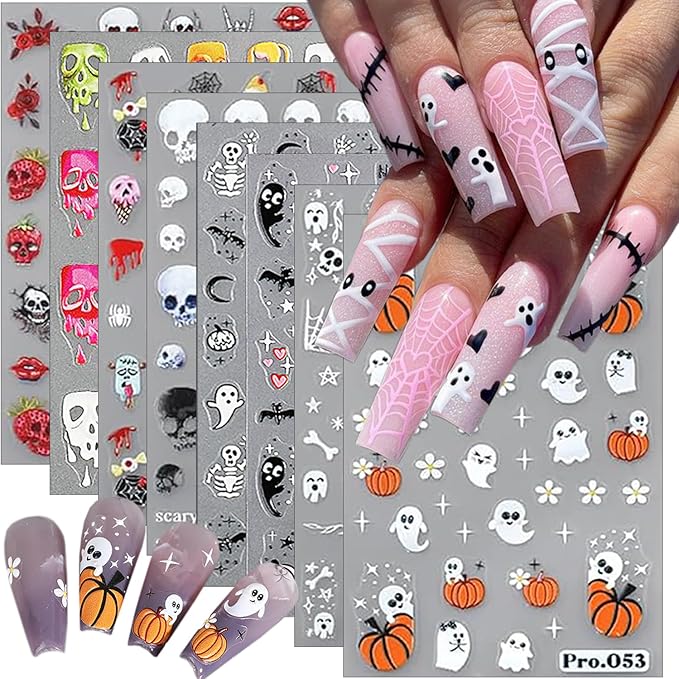 8Pcs Halloween Nail Stickers for Nail Art 3D Cute Ghost Nail Art Stickers Spooky Pumpkin Skull Nail Decals Black White Gothic Nail Design Stickers Halloween Nail Decoration Supplies for Women Manicure
