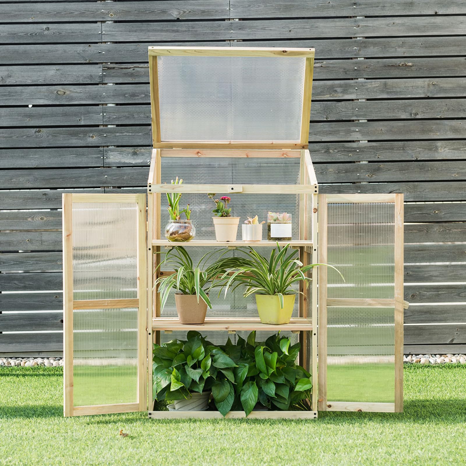 COSTWAY 3 Etagen Frühbeet Holz, Hochbeet wetterfest, Gewächshaus mit 2 Türen & Deckel, Polycarbonat-Fenster, Pflanzenbeet Aufzuchtschrank Treibhaus, für Garten Balkon, 60 x 45 x 100 cm, Natur