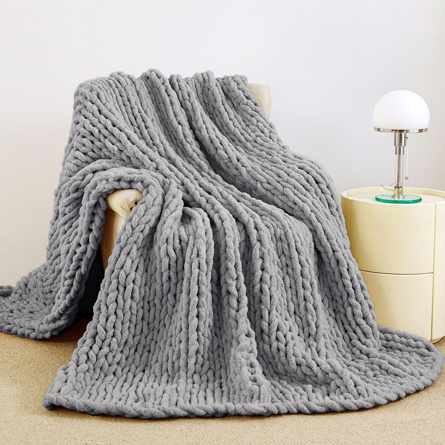 Admitrack Chunky Knit Blanket Throw, 100% Hand Knit Chenille Throw Blanket for Sofa & Home Decor, Soft and Cozy Knitted Throw Blankets (Dark Gray，51"