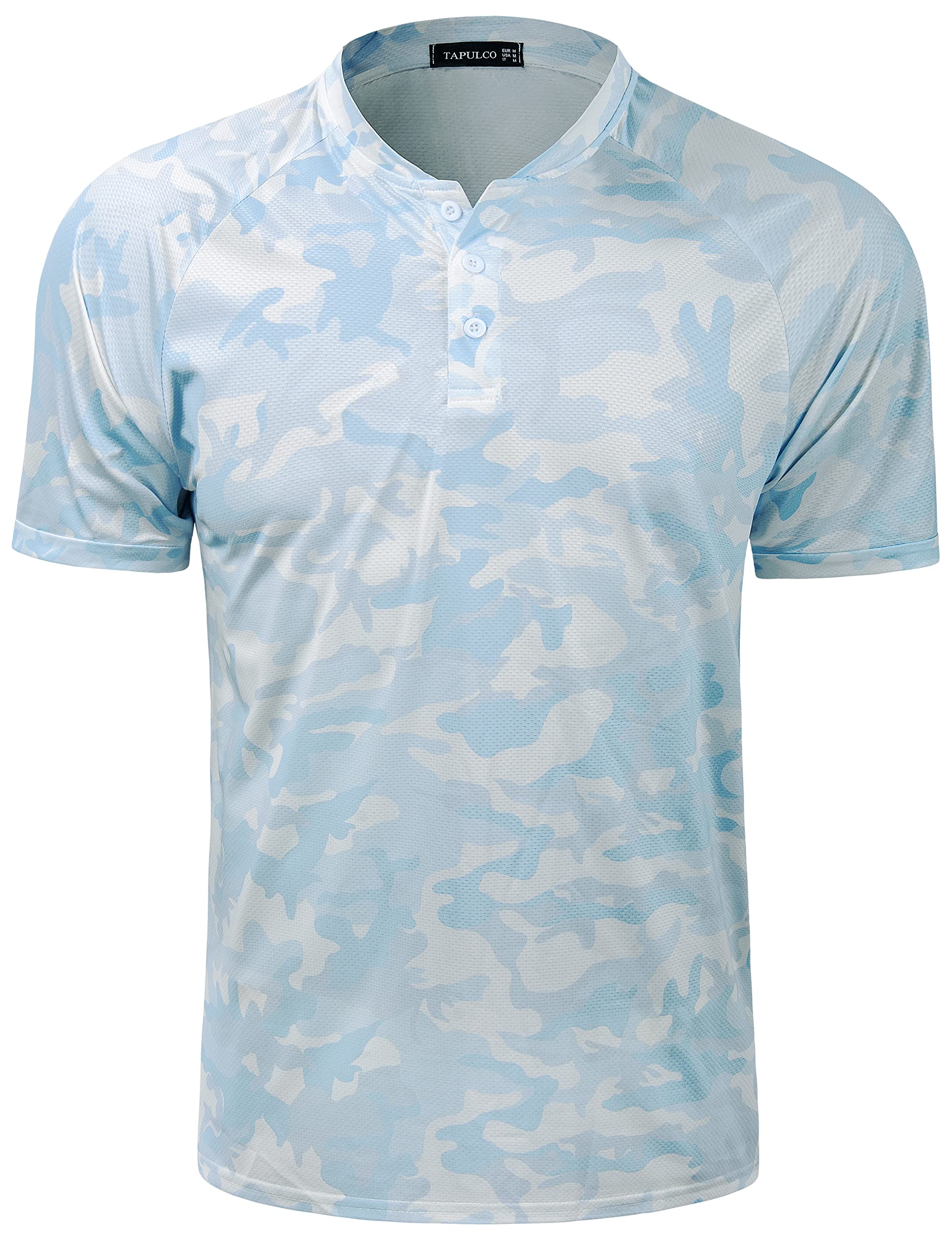 TAPULCO Mens Collarless Golf Shirts Short Sleeve Dry Fit Stretch Casual Breathable Lightweight Tshirts, Upf 50 Short Sleeve - Camo Sky Blue, S