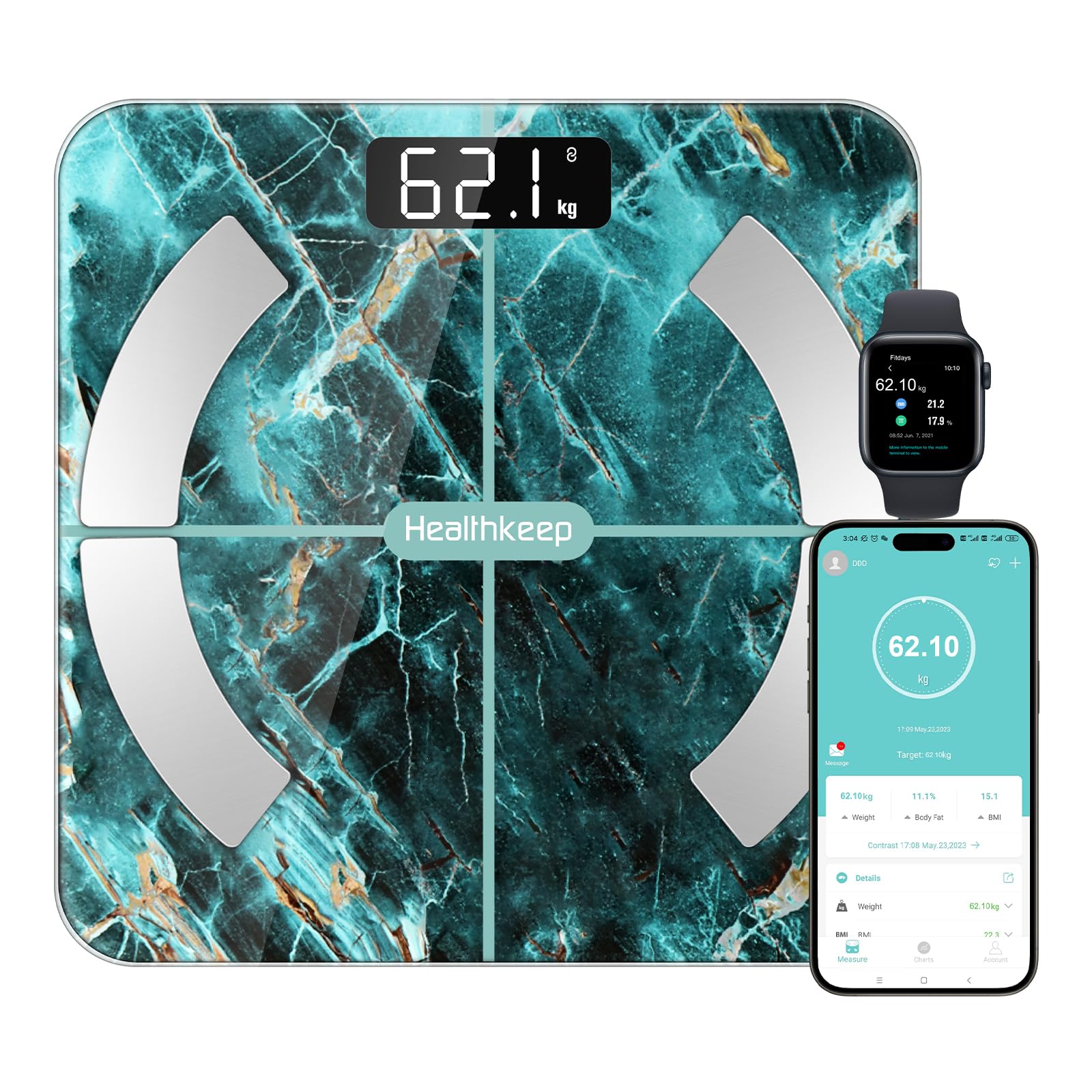 Personenwaage Körperfettwaage, Digitale Waage Personen mit APP, Bluetooth Waagen für Körperfett 13 essentielle Körperwerte, Körperanalysewaage, BMI, Gewicht, Muskelmasse, Wasser, Skelettmuskel usw