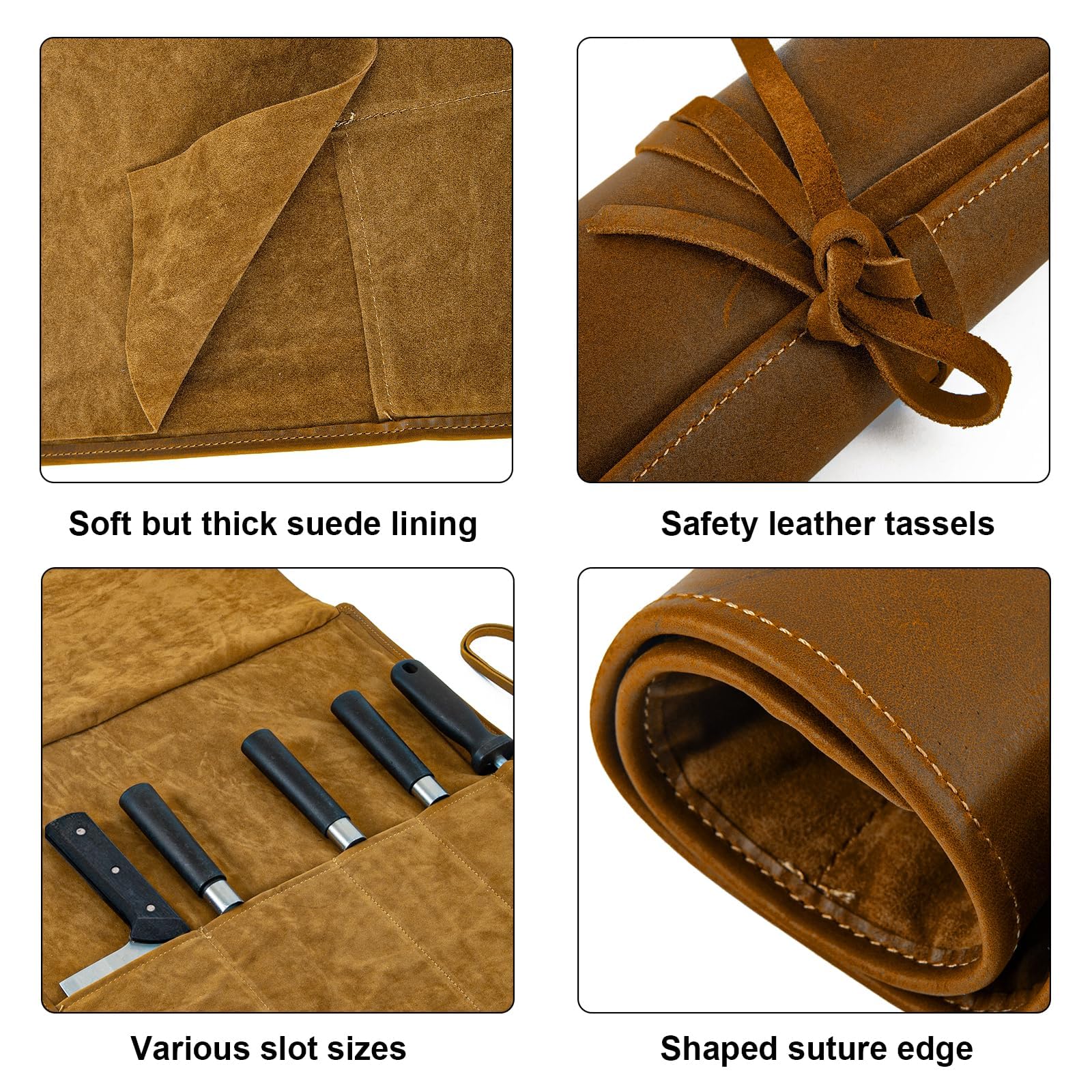 Echtes Leder Messertasche,Messertasche Kochmesser,Tragbare Messer Rolltasche mit 5 Fächern,Koch Messer Tasche,Messerrolle für Camping Wandern,Knife Roll Bag Geschenke für Männer Frauen. (Dunkelbraun)