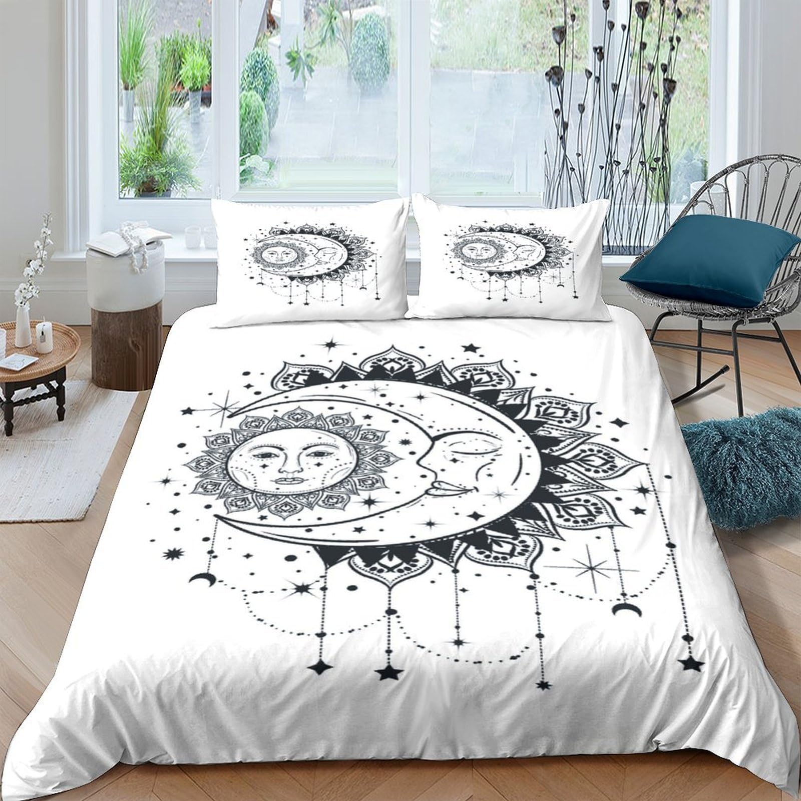 Ctjqhvkz Style-9 3D Printed Sun Moon Mandala Fitted Sheet Microfiber Soft Black White Dreamcatcher Bed Cover Bedroom Home Décor Single（135X200cm）