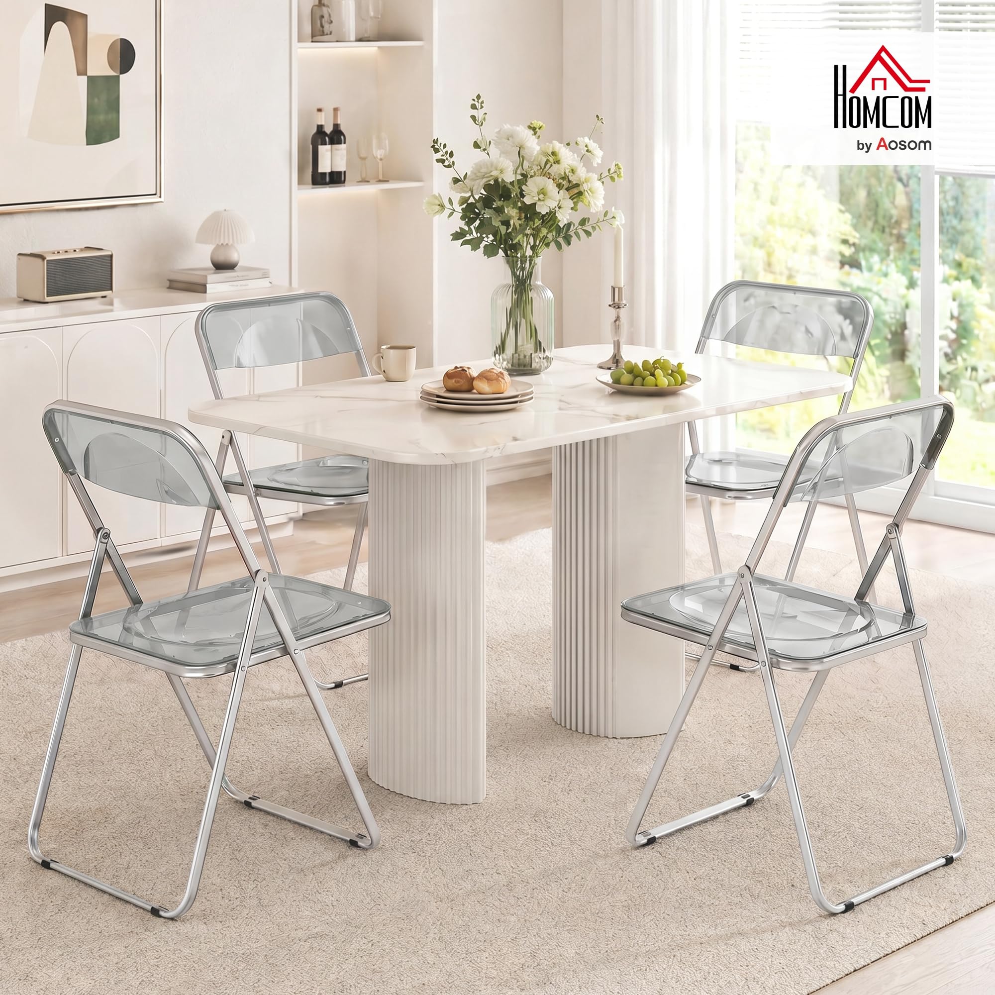 HOMCOM Lot de 4 chaises Pliantes en Acrylique 47x48x75 cm Gris | Pliables, gain de place intérieur, cadre en acier, portables, pour maison, bureau, cuisine, événements