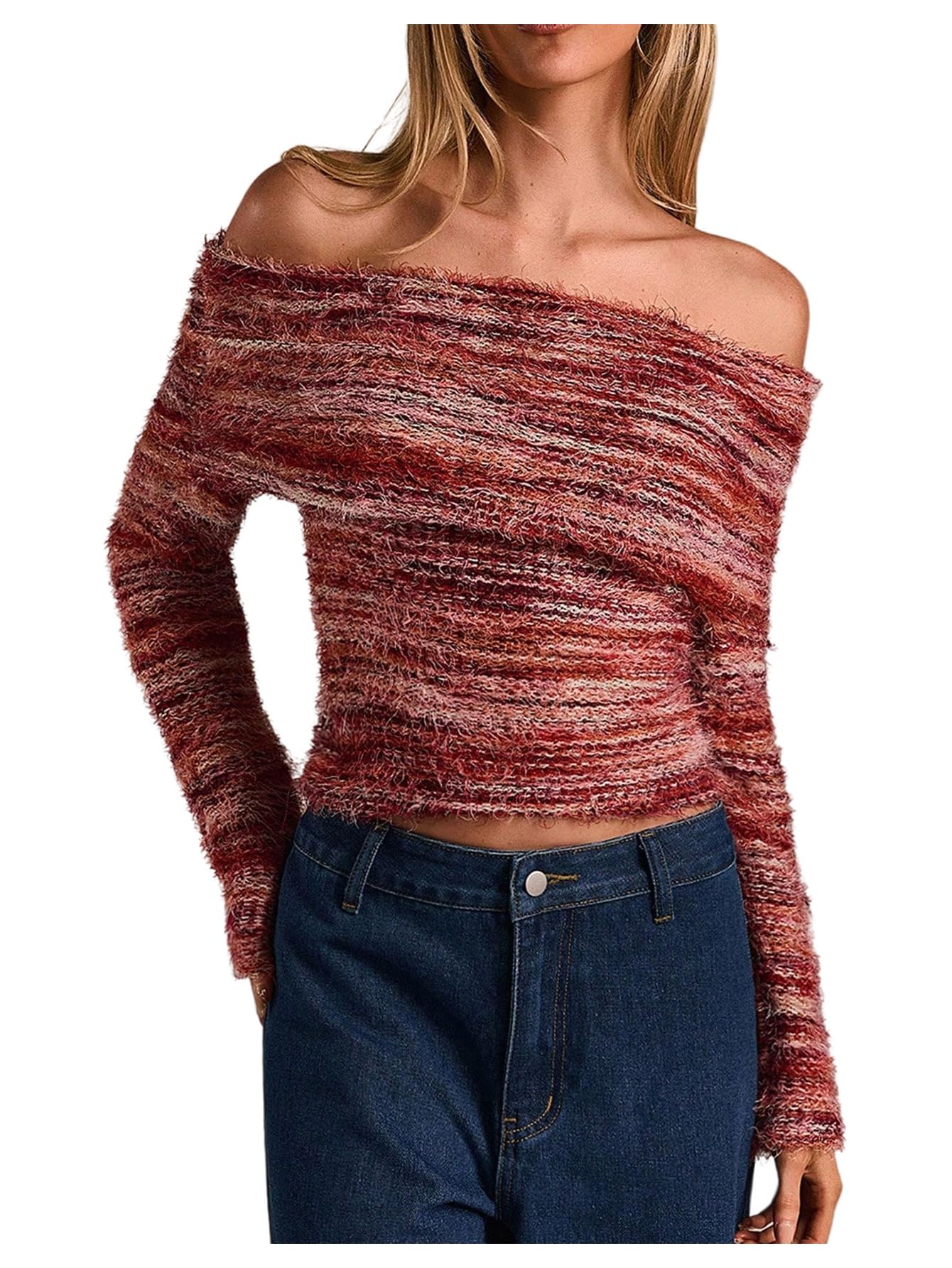 MAKEMECHIC Womens Striped Fuzzy Sweater Cropped Off The Shoulder Long Sleeve Y2k Pullover Tops