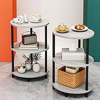 Vista 30 de Mesa auxiliar redonda pequeña, mesa decorativa ovalada de 3 niveles para espacios pequeños, mesa auxiliar de sofá de madera rústica y metal, mesita