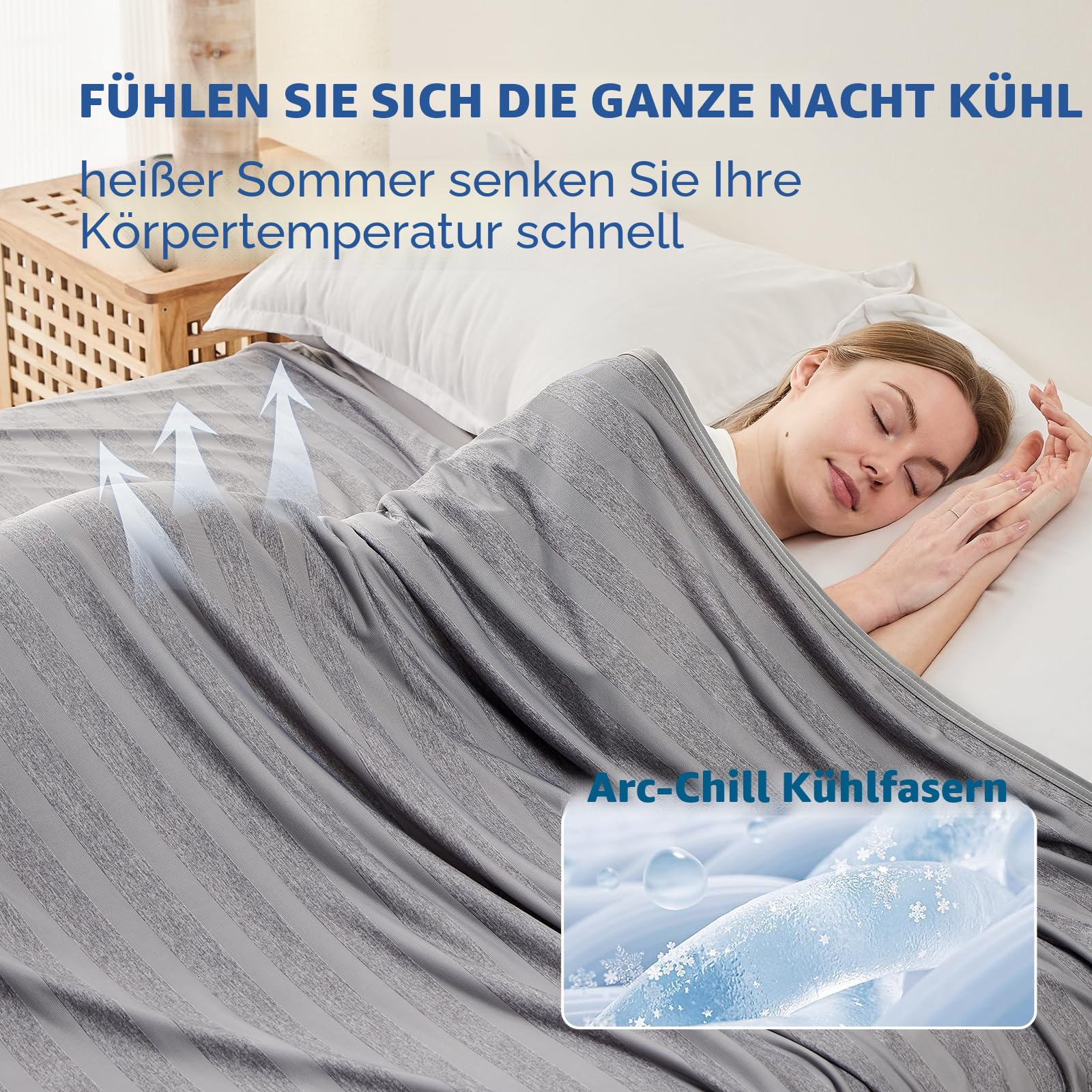 EMME Kühldecke Kühlende Decke, Arc-Chill Q-Max>0,5, 228 x228 cm, 2 in 1 Doppelseitige Dünne Sommerdecke, Leicht Atmungsaktiv Tagesdecken, Sofa Decken,Bettüberwurf Groß Kuscheldecke,Grau Gestreift