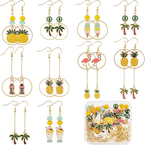 SUNNYCLUE 1 caja, 10 pares de aretes de verano, kit de iniciación para hacer colgantes, piña, cocotero, dulce alimento, abalorios de cristal para