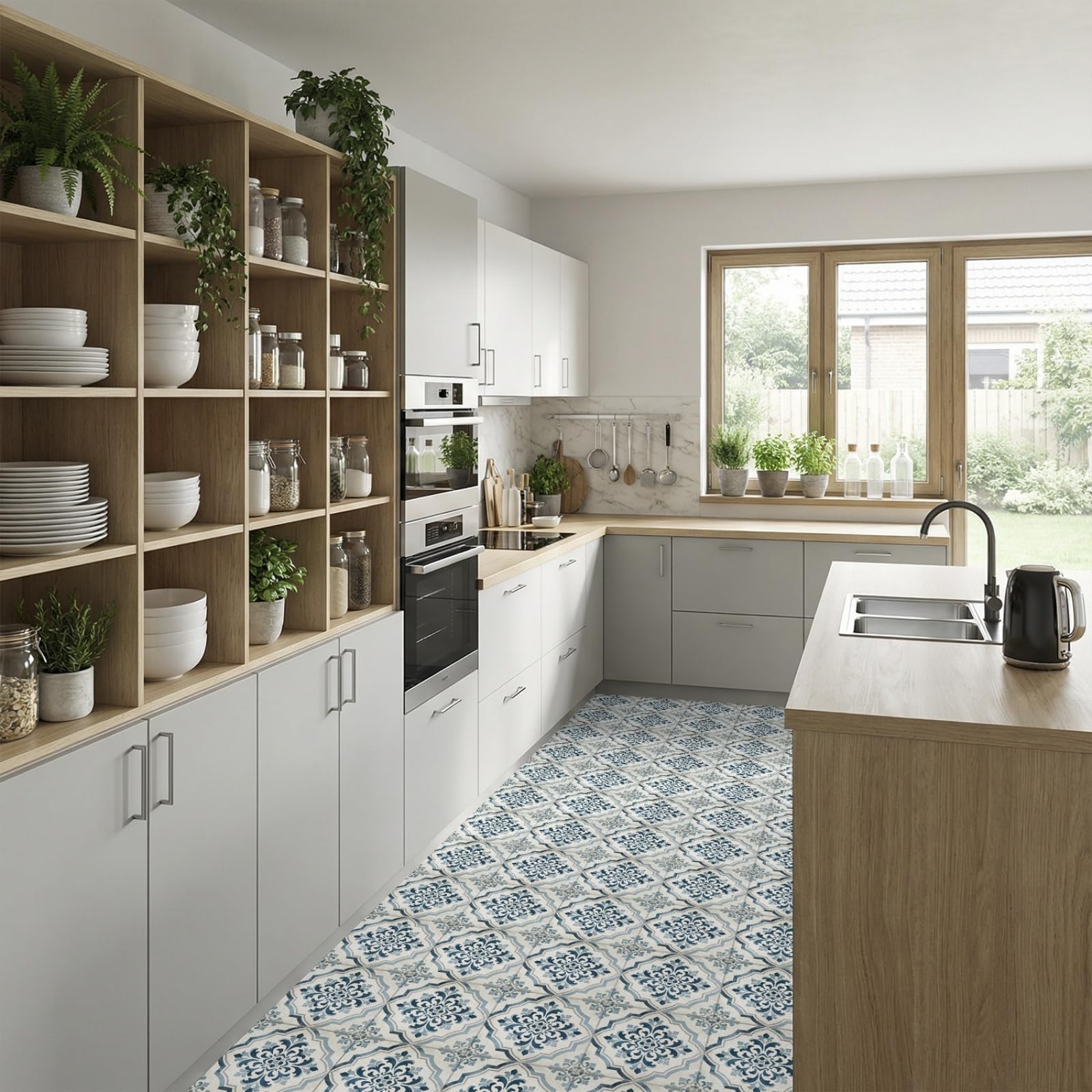 Piastrelle Adesive Cucina Blu Grigio Marocco Piastrelle Adesive Bagno Impermeabile Pavimento pvc Adesivo Mobili Decorazione Armario Camino 30x30 cm/ 10 pcs