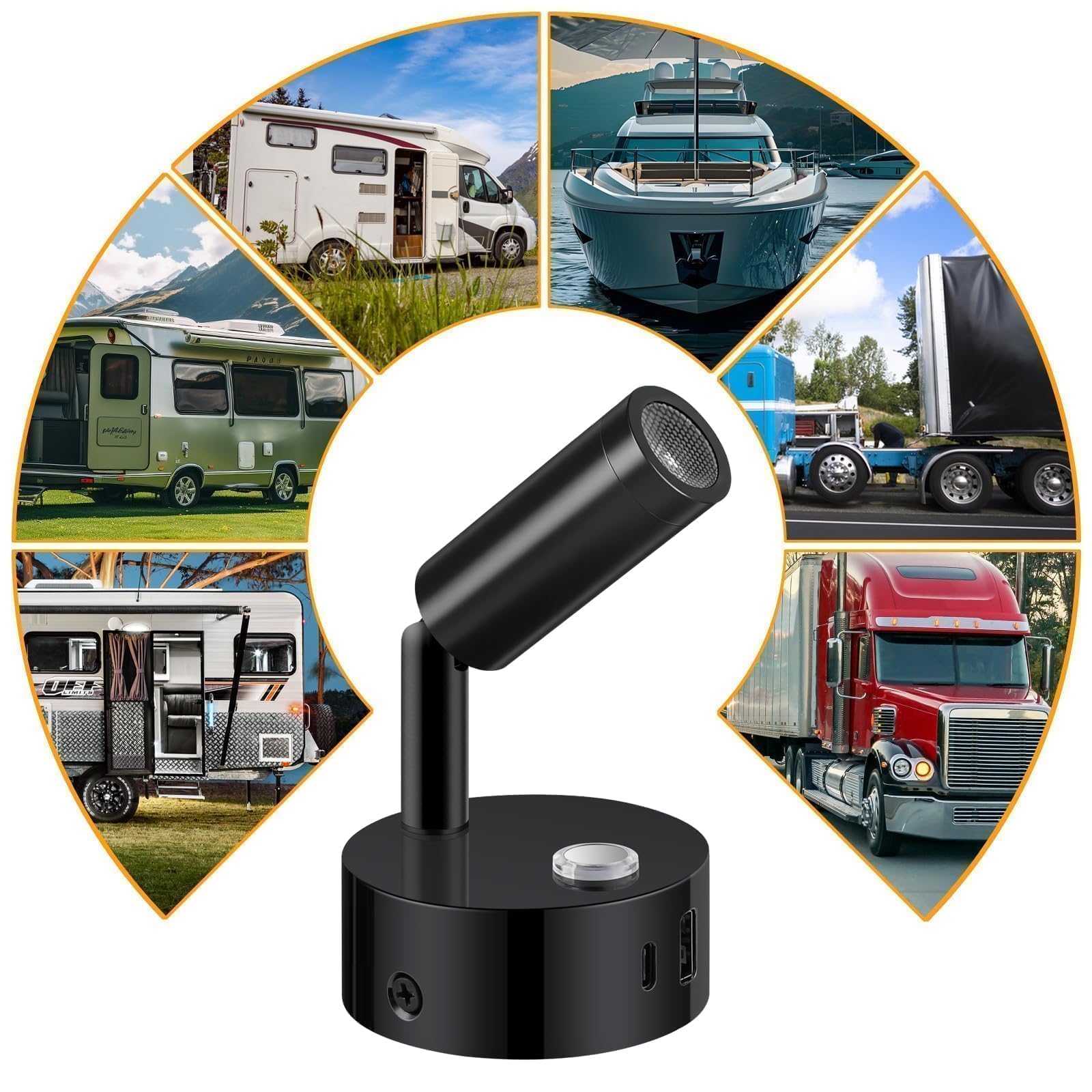 ERWEY Lampe de lecture 12V pour camping-car, applique murale LED avec interrupteur Touch Dimmable 3000K-6000K,DC 12V-24V Spot avec prises USB A+C pour bateau voiture camper van,Noir