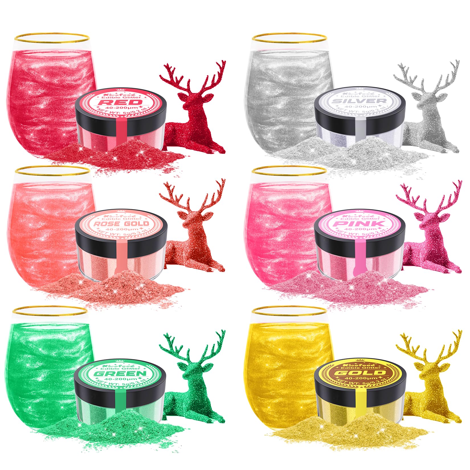 Edible Glitter - 6 Colours x 5g Edible Glitter for Drinks, Edible Cake Decorations, Food Grade Luster Dust for Cake, Icing, Fondant, Cocktail, Drinks, Baking, Chocolate - Vegan, Gluten-Free, Non-GMO