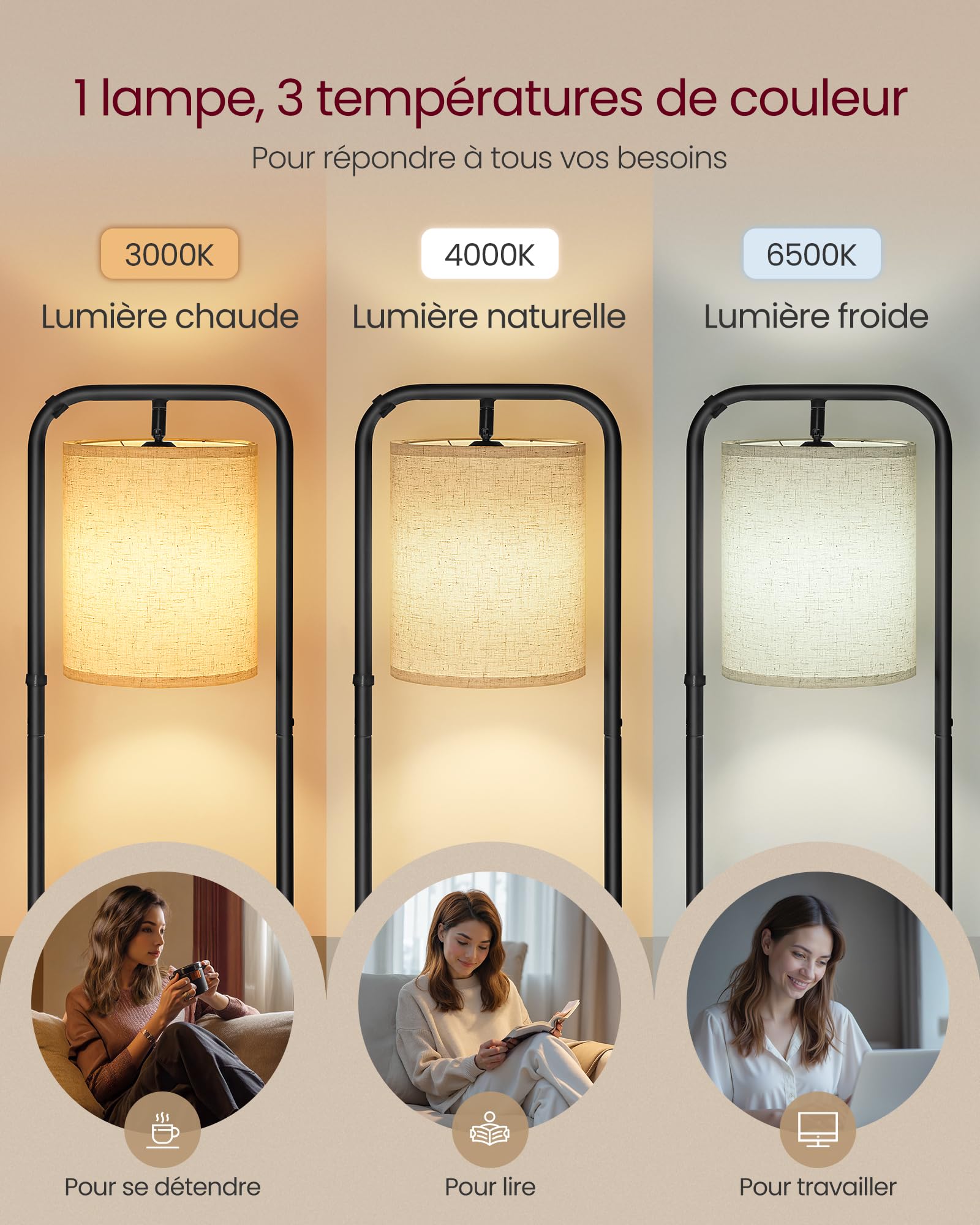 VASAGLE Lampadaire sur Pied, avec 3 Étagères, Lampe sur Pied, Ampoule LED Incluse, avec Interrupteur, Abat-Jour en Tissu, pour Salon, Chambre, Noir d'Encre LFL001BD02