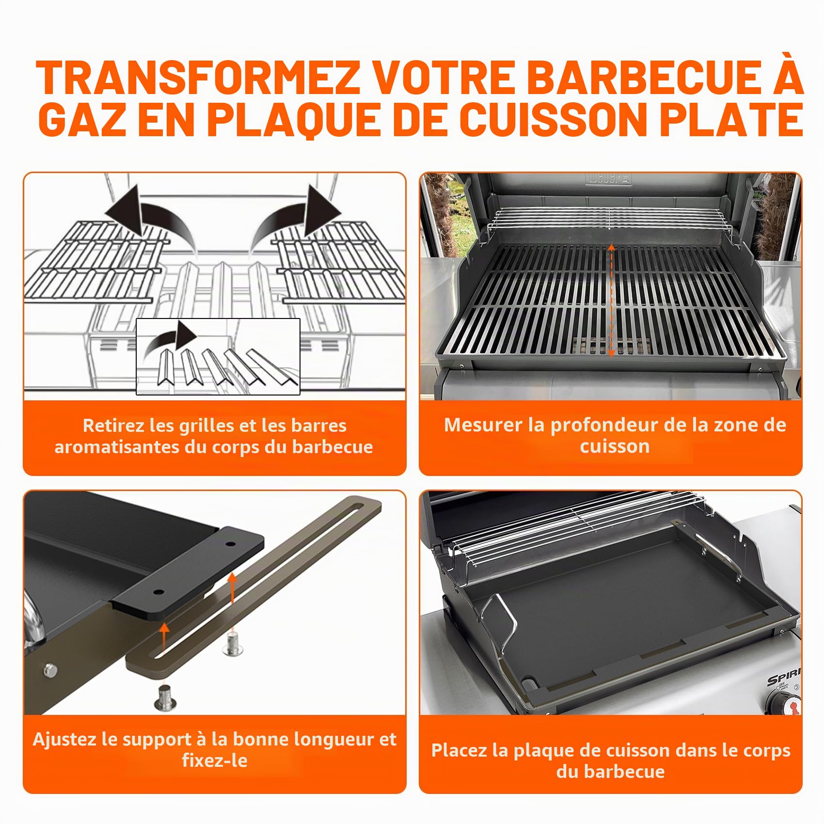 Onlyfire Plancha Universelle pour Weber Spirit/Spirit II Série 200 et 300, Genesis Silver B/C, Spirit 425/435 (2025) - Plaque de Barbecue Céramique Réglable (40,5-49 cm), Largeur 47,4 cm