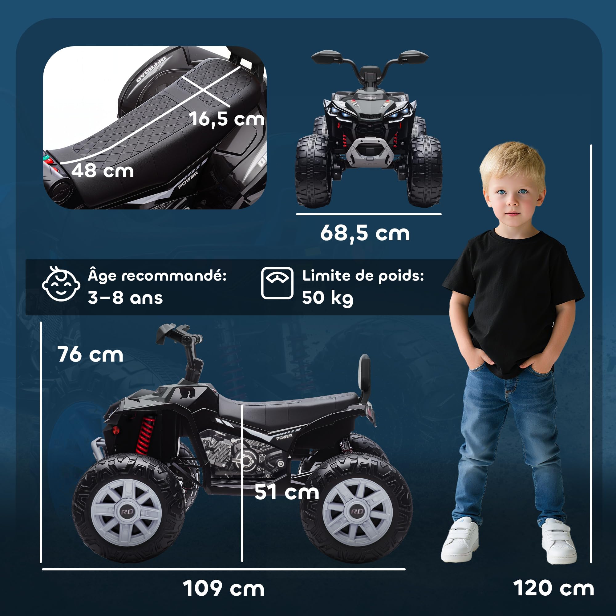 AIYAPLAY Quad électrique Enfant 24V, Voiture électrique ATV, Double Moteur, 4-6,5 km/h, 4 Roues suspendues, Noir